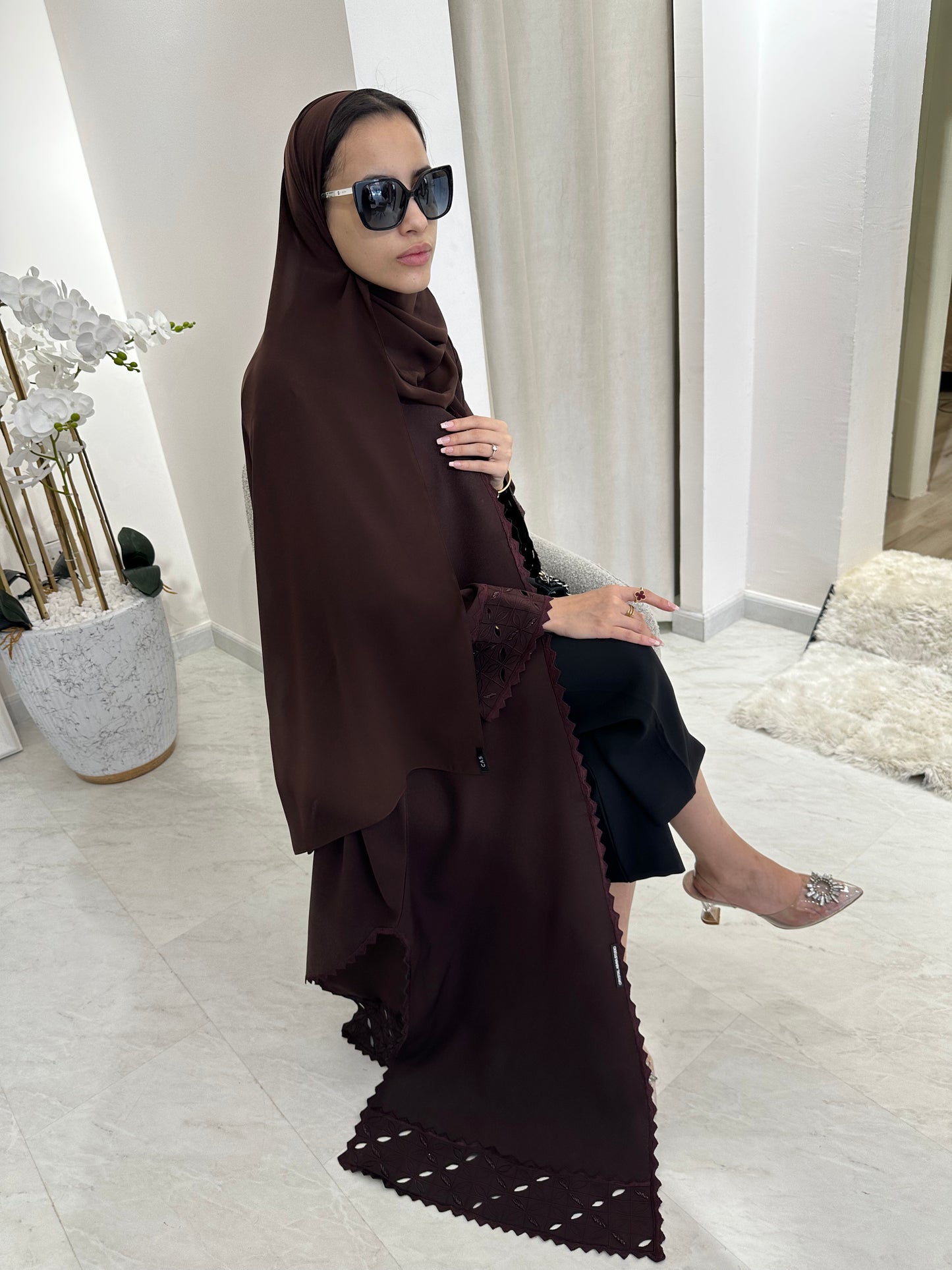 C Lasercut Brown Satin Abaya