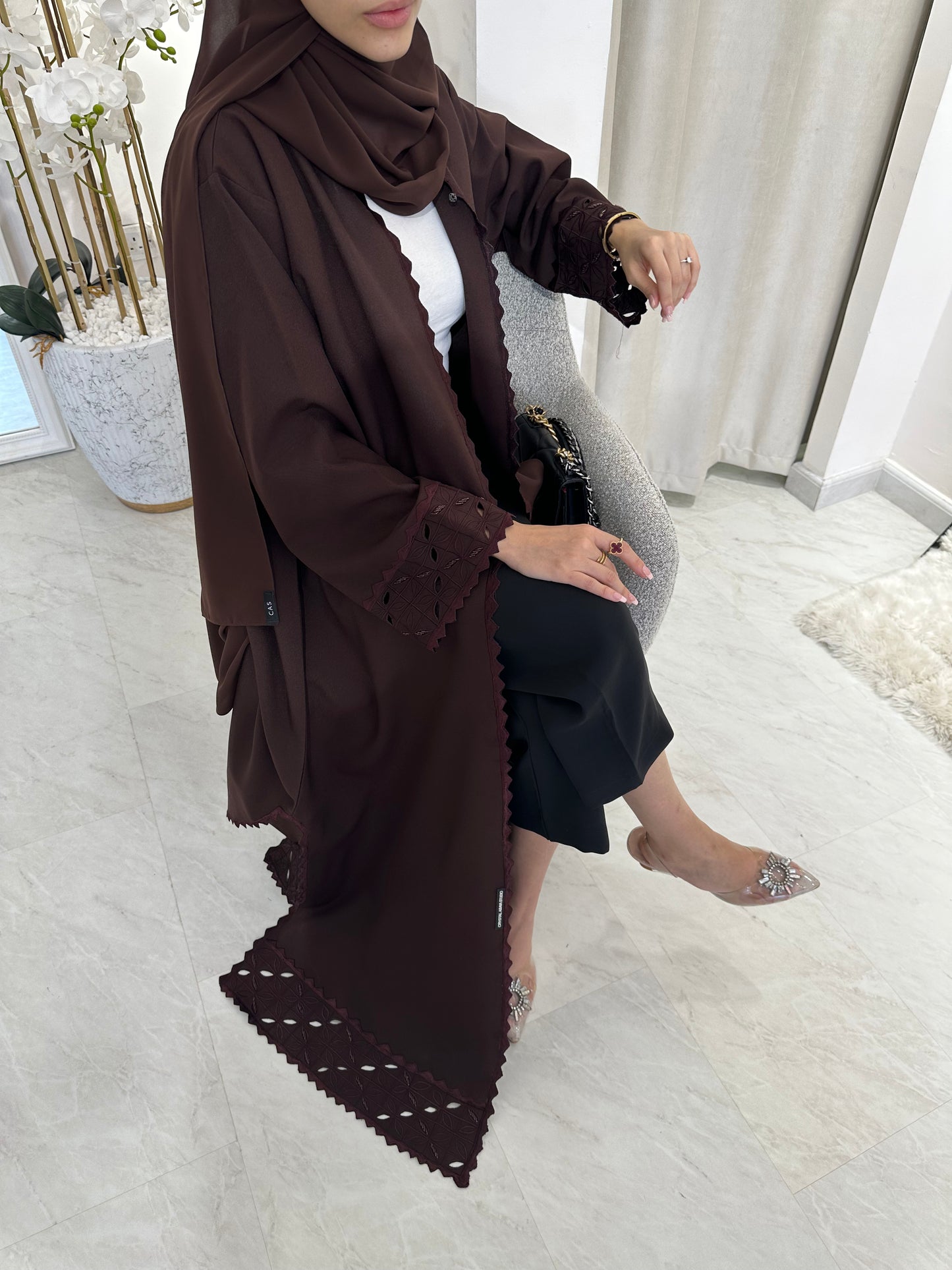 C Lasercut Brown Satin Abaya