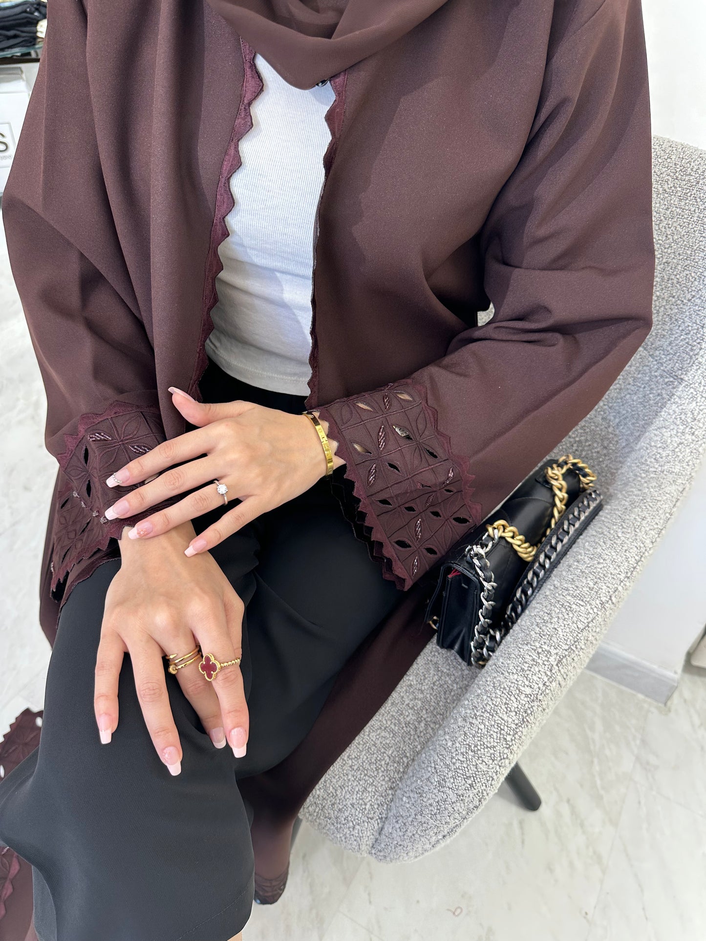 C Lasercut Brown Satin Abaya