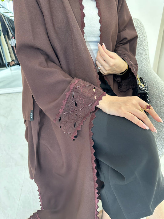 C Lasercut Brown Satin Abaya