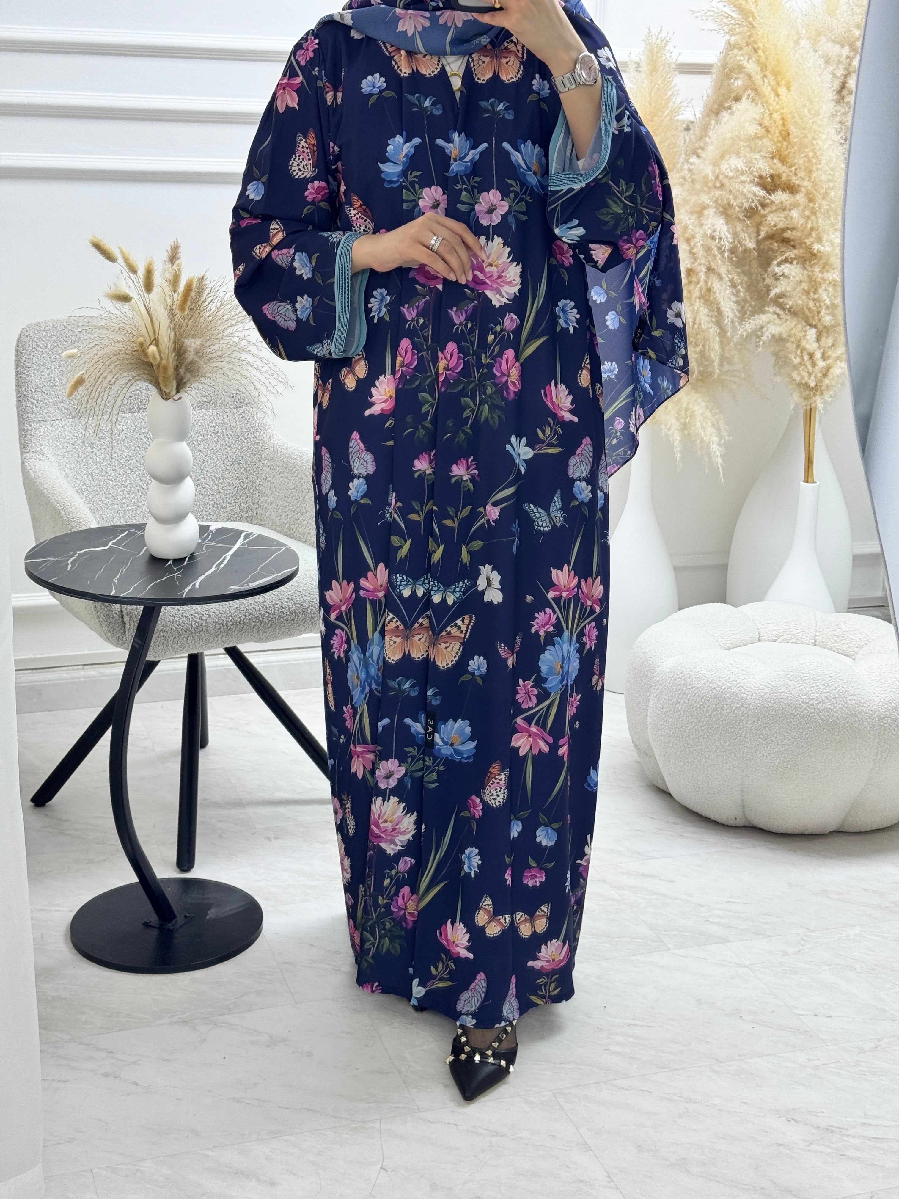 C 1324 Blue Butterfly Printed Abaya
