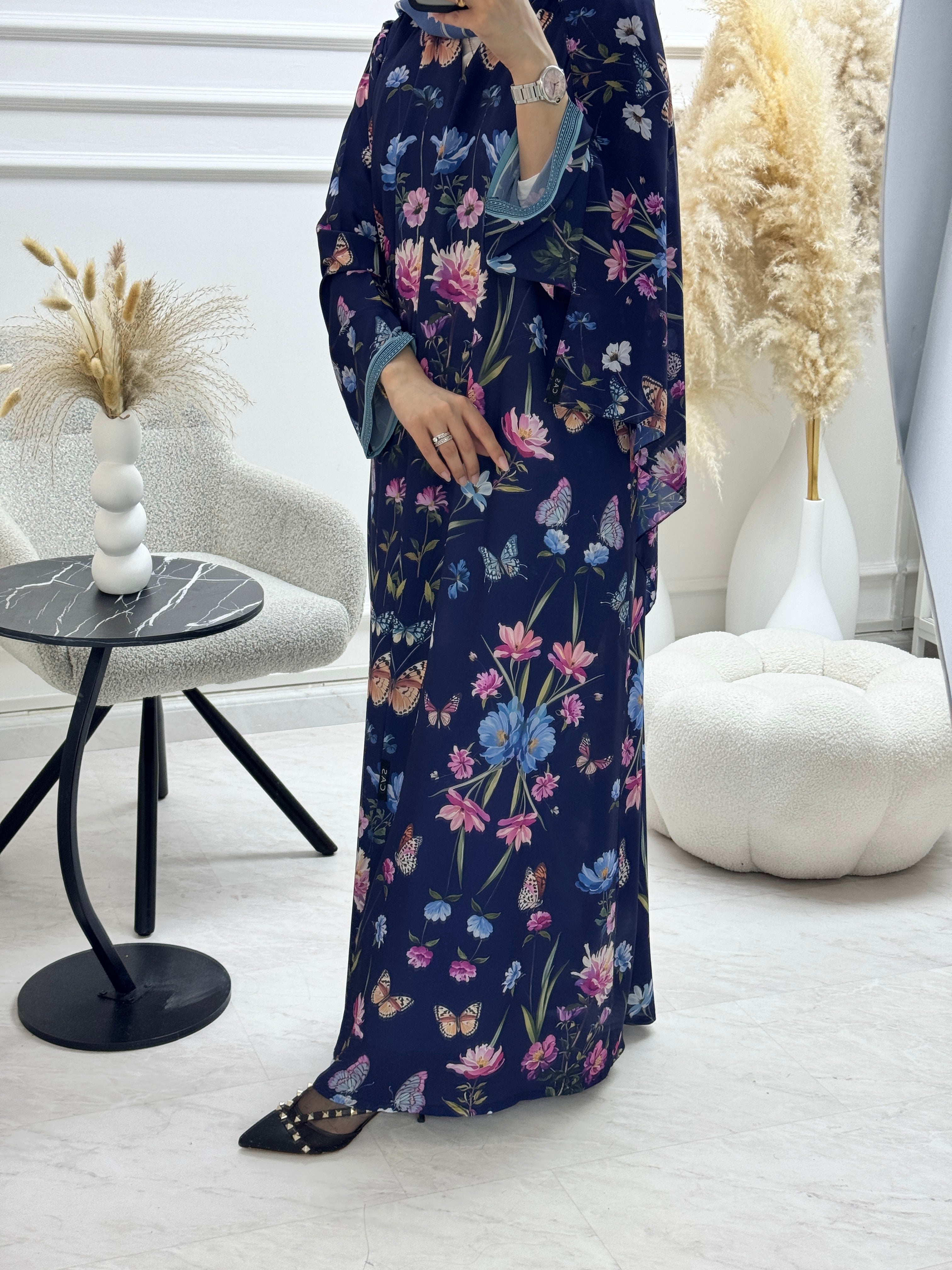 C 1324 Blue Butterfly Printed Abaya