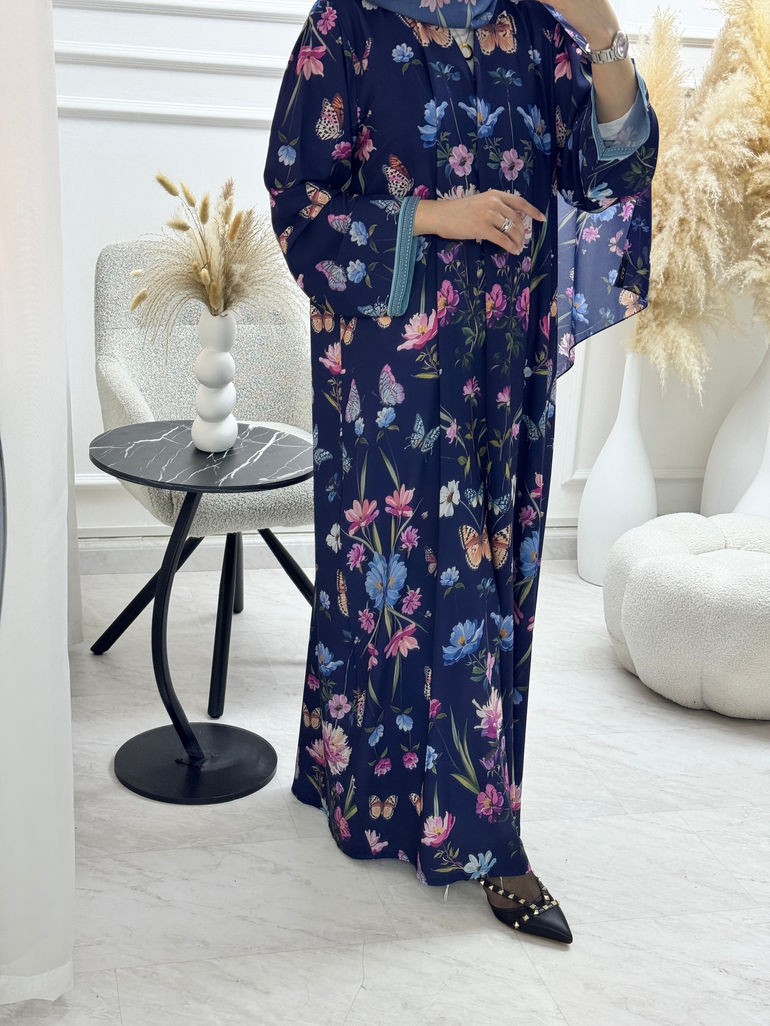 C 1324 Blue Butterfly Printed Abaya