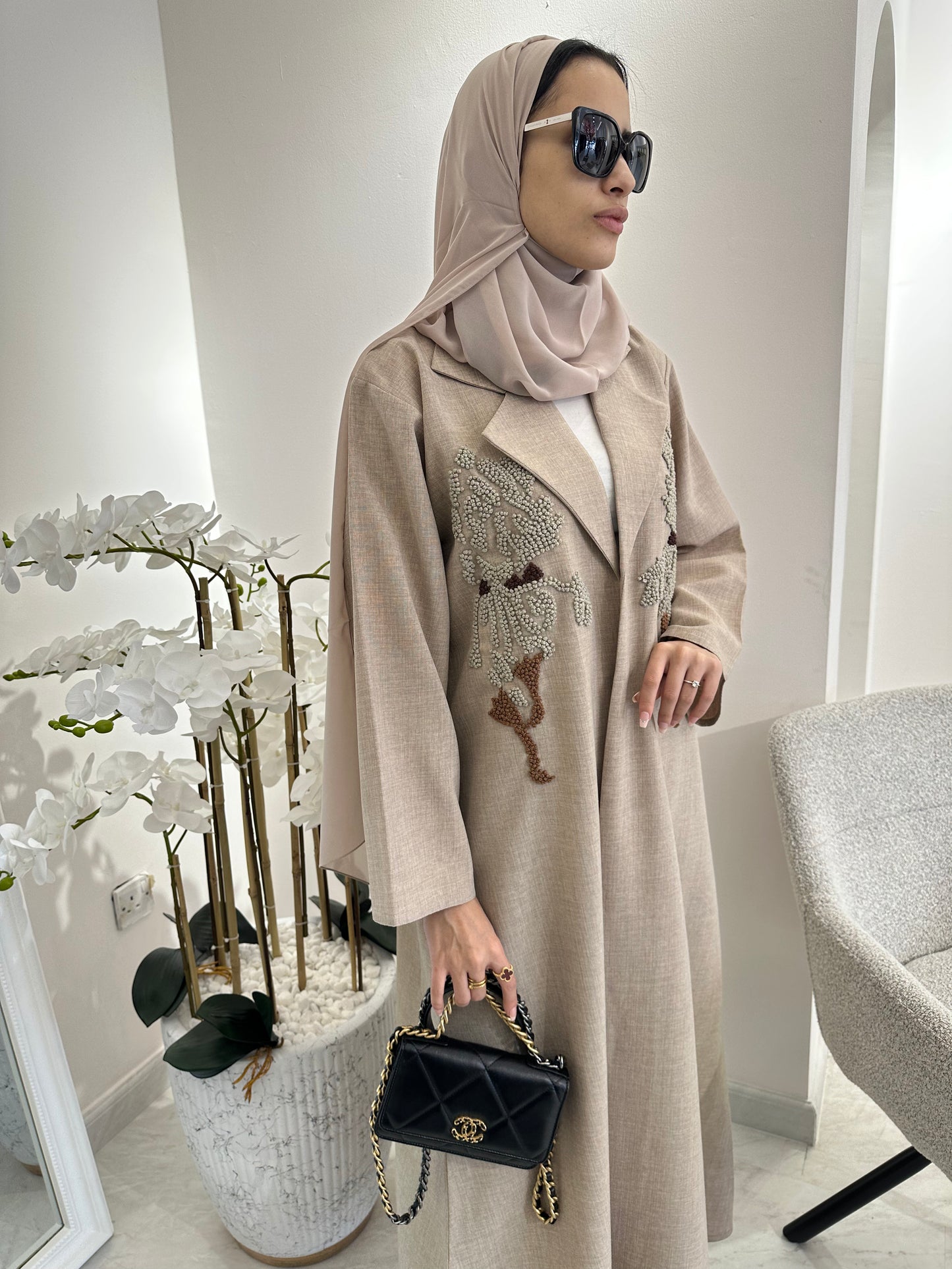 C Beige Brown Embroidery Coat Abaya