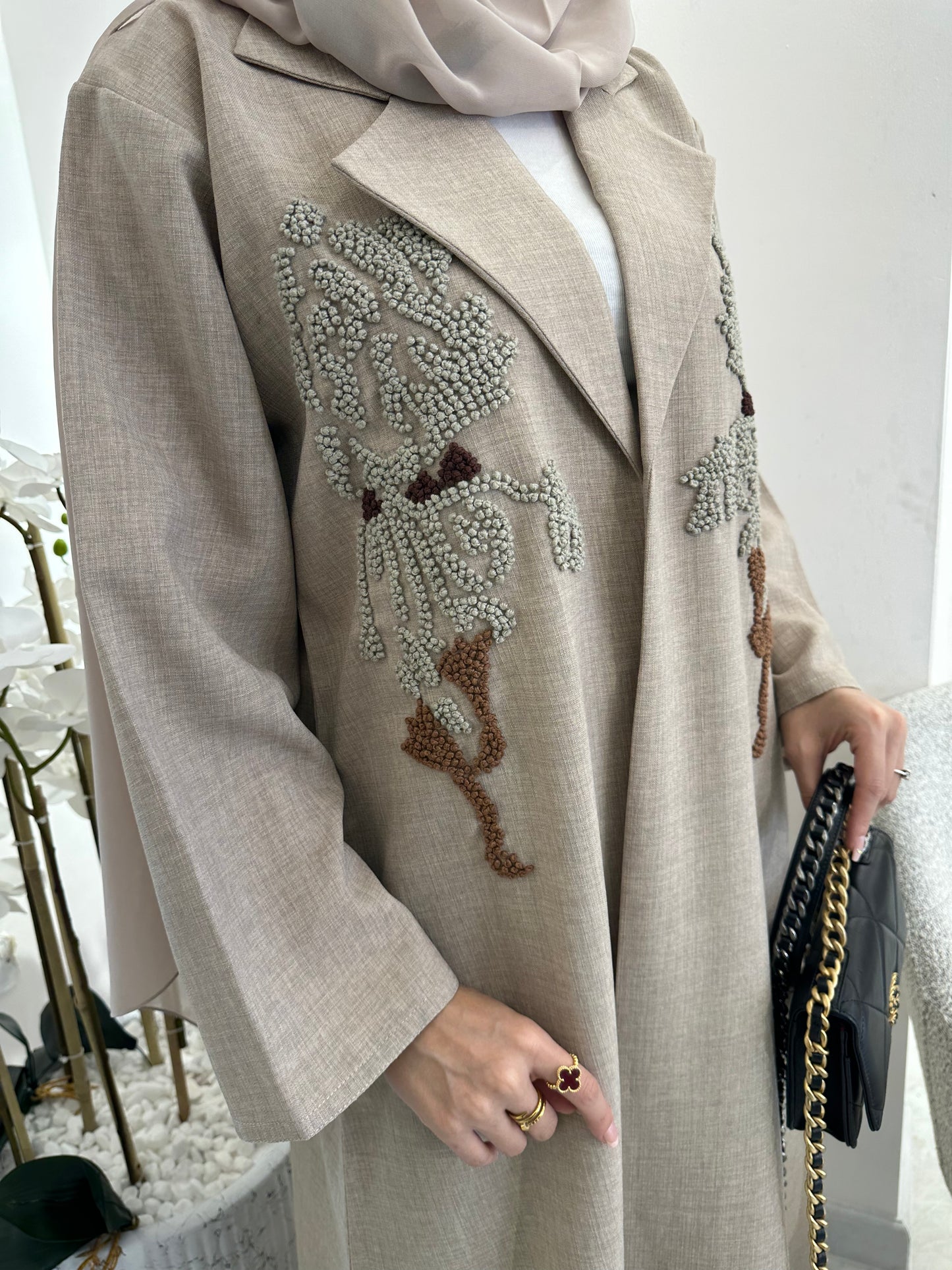 C Beige Brown Embroidery Coat Abaya