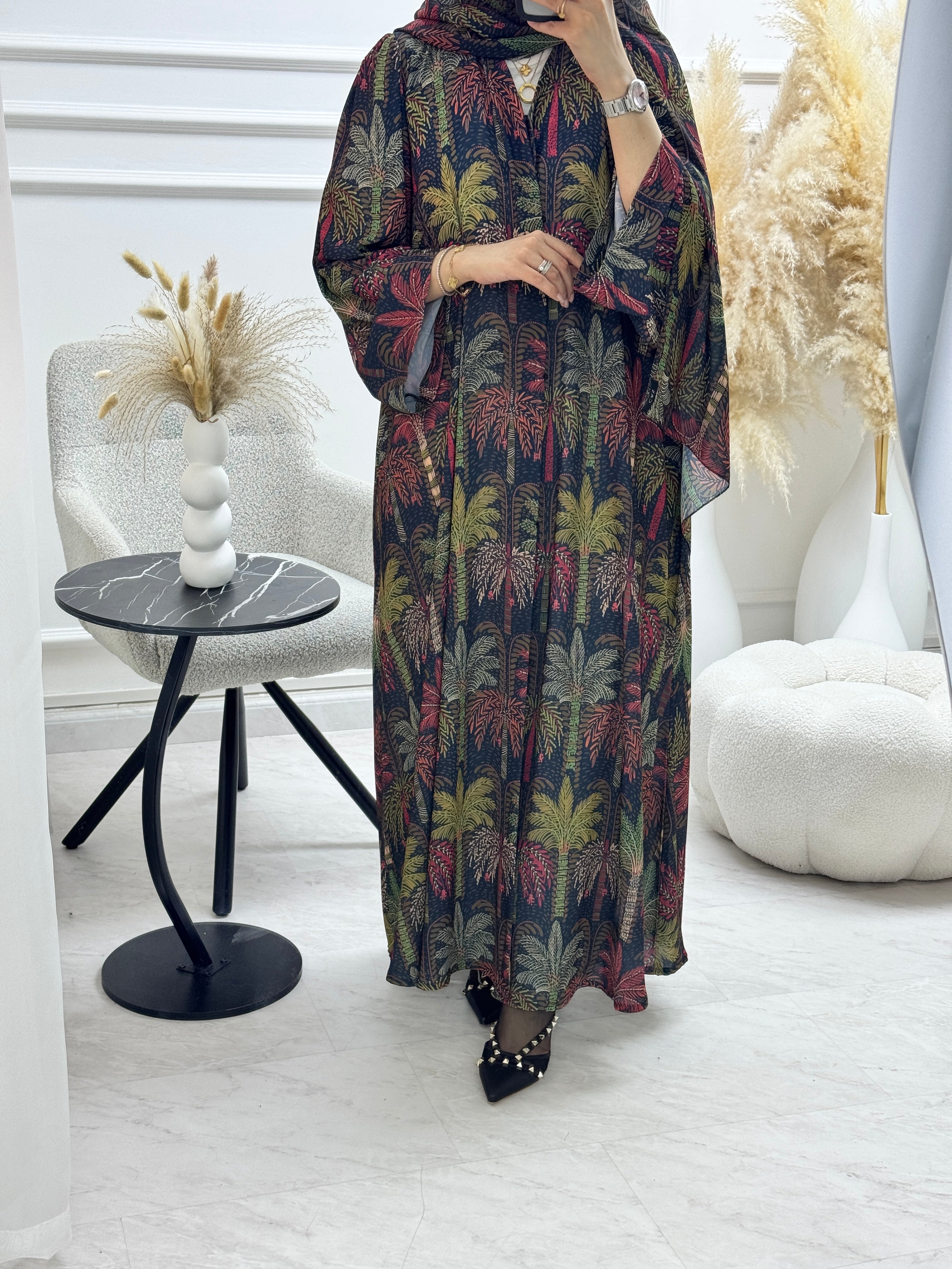 C 1321 Green Palm Printed Abaya
