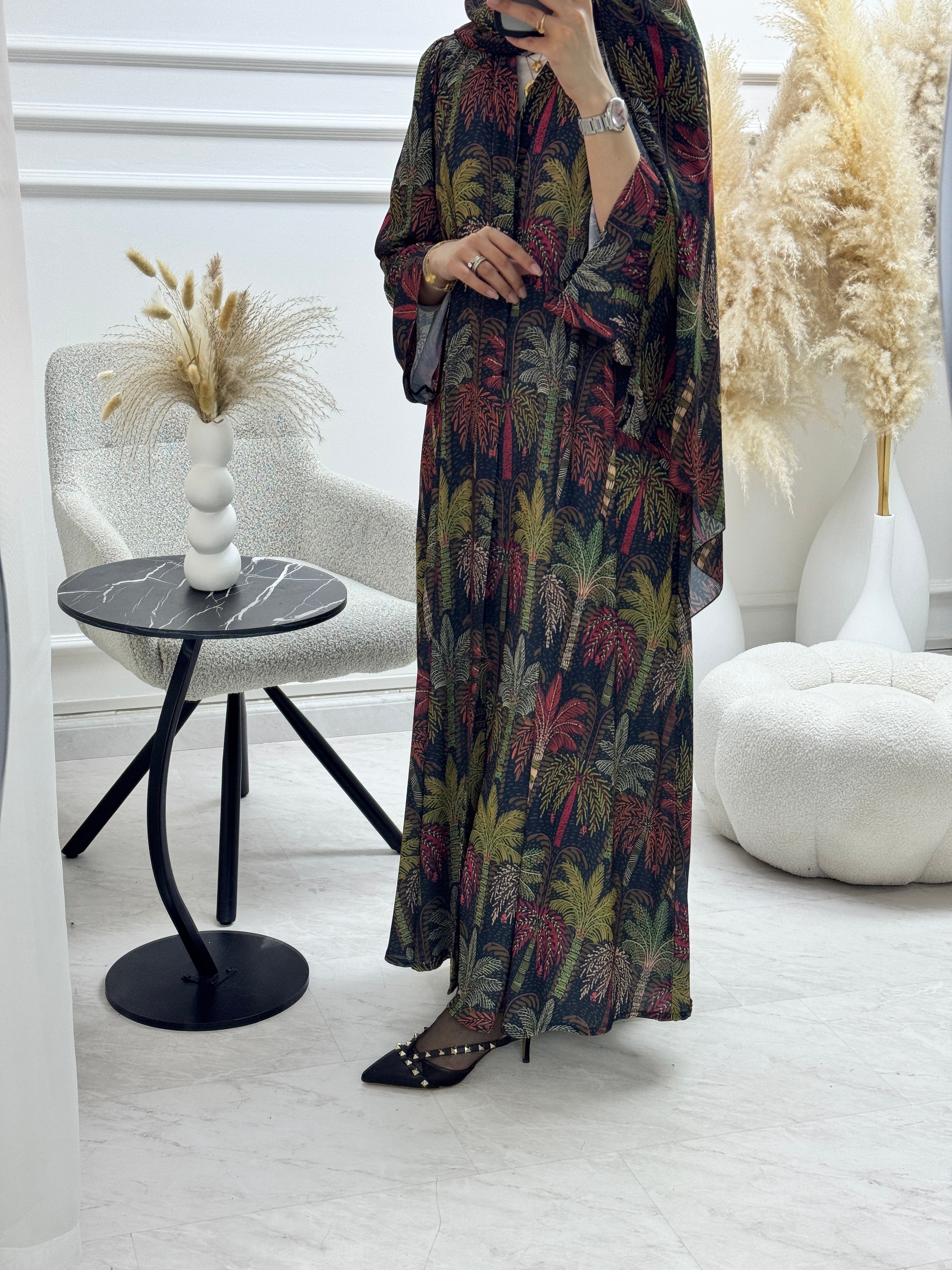 C 1321 Green Palm Printed Abaya