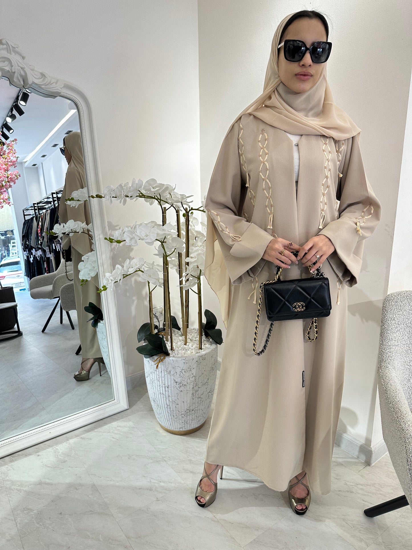 C Summer Beige Tassel Embroidery Abaya