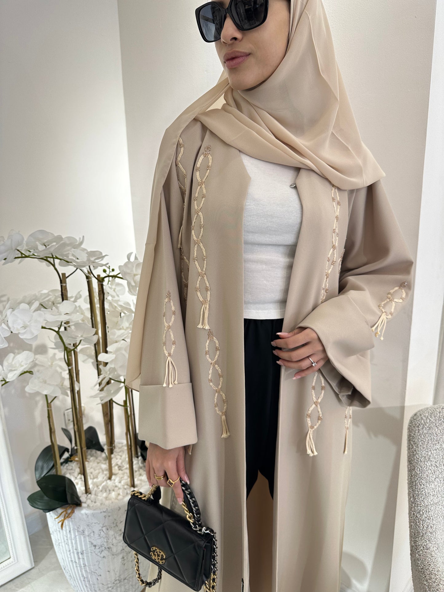 C RTW Summer Beige Tassel Embroidery Abaya