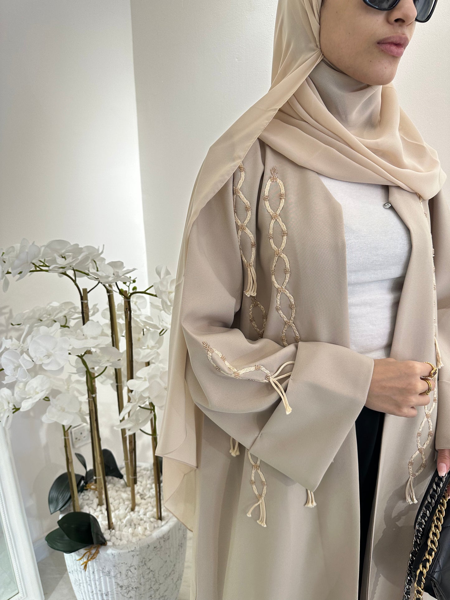 C RTW Summer Beige Tassel Embroidery Abaya