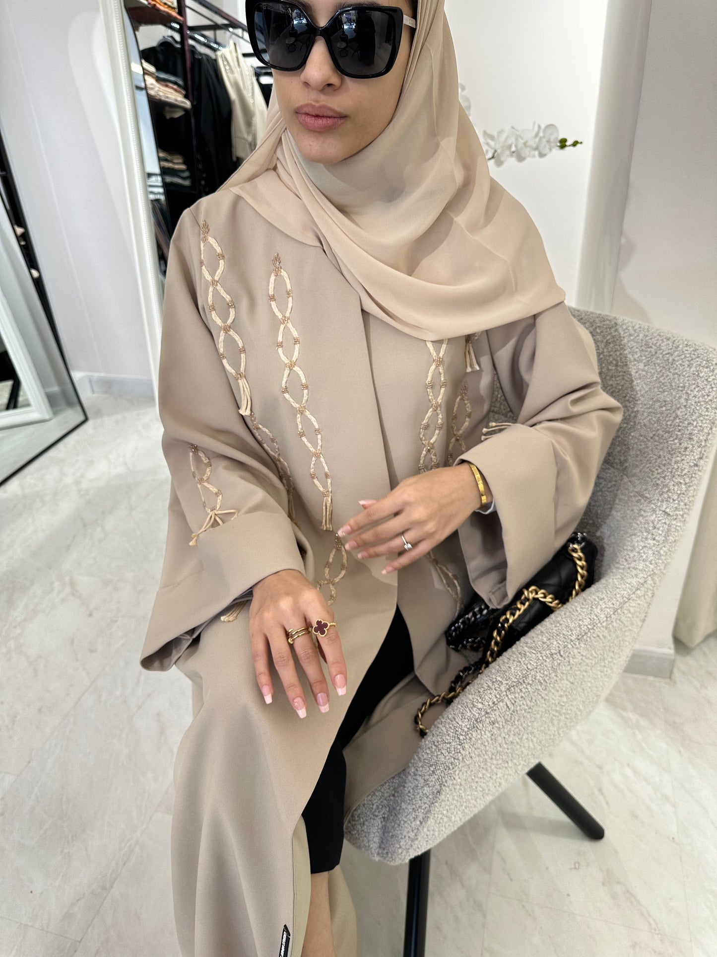 C Summer Beige Tassel Embroidery Abaya