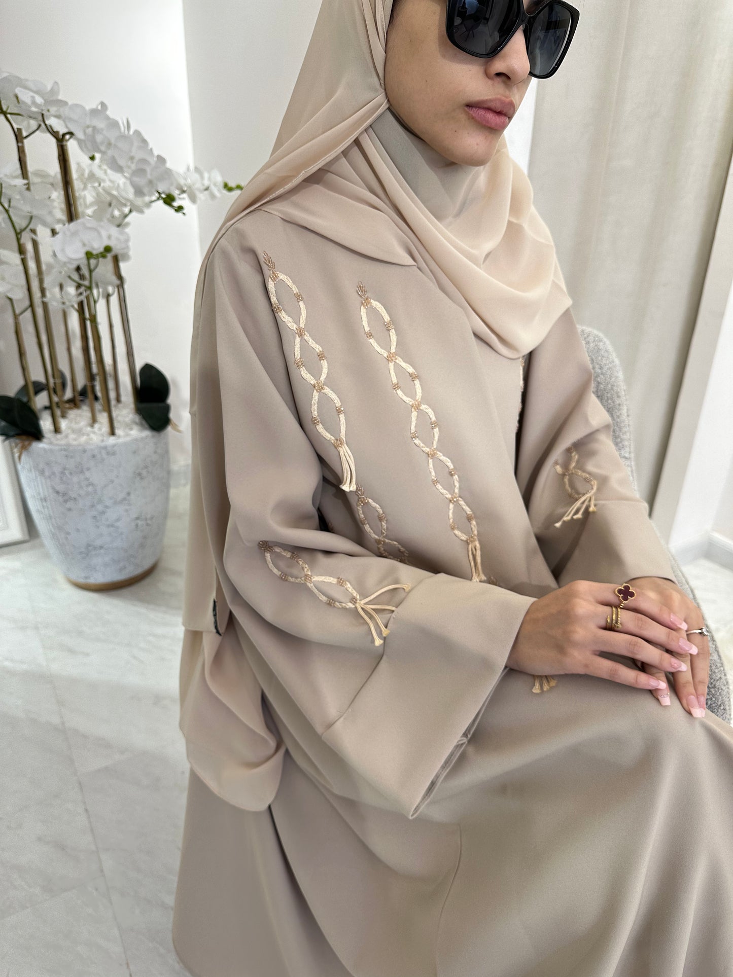 C Summer Beige Tassel Embroidery Abaya