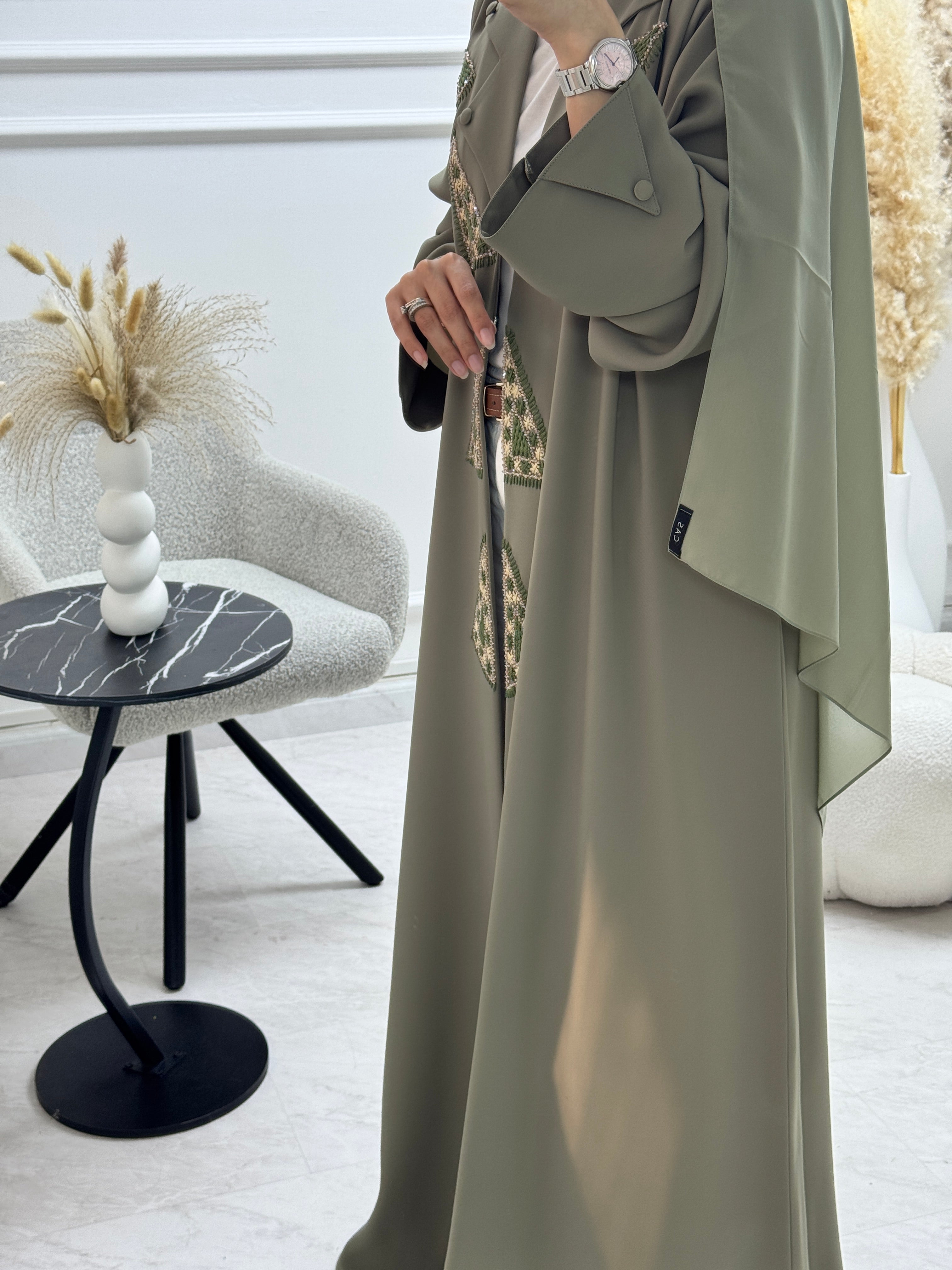 C 1326 Olive Green Embroidered Abaya