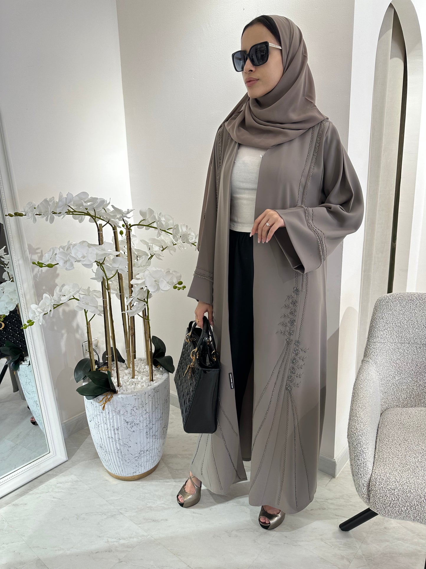 C Summer Greige  Embroidery Abaya