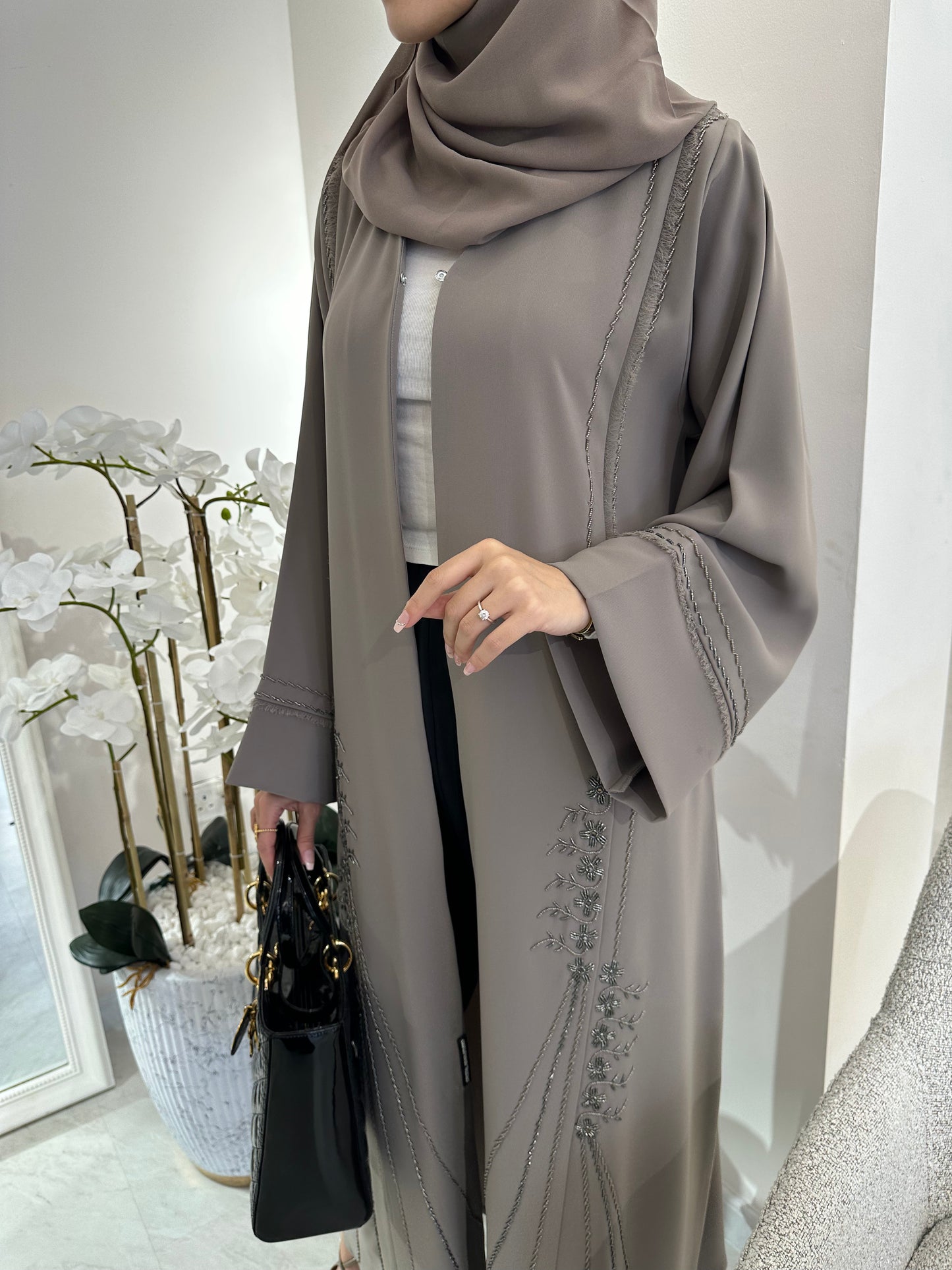 C Summer Greige  Embroidery Abaya