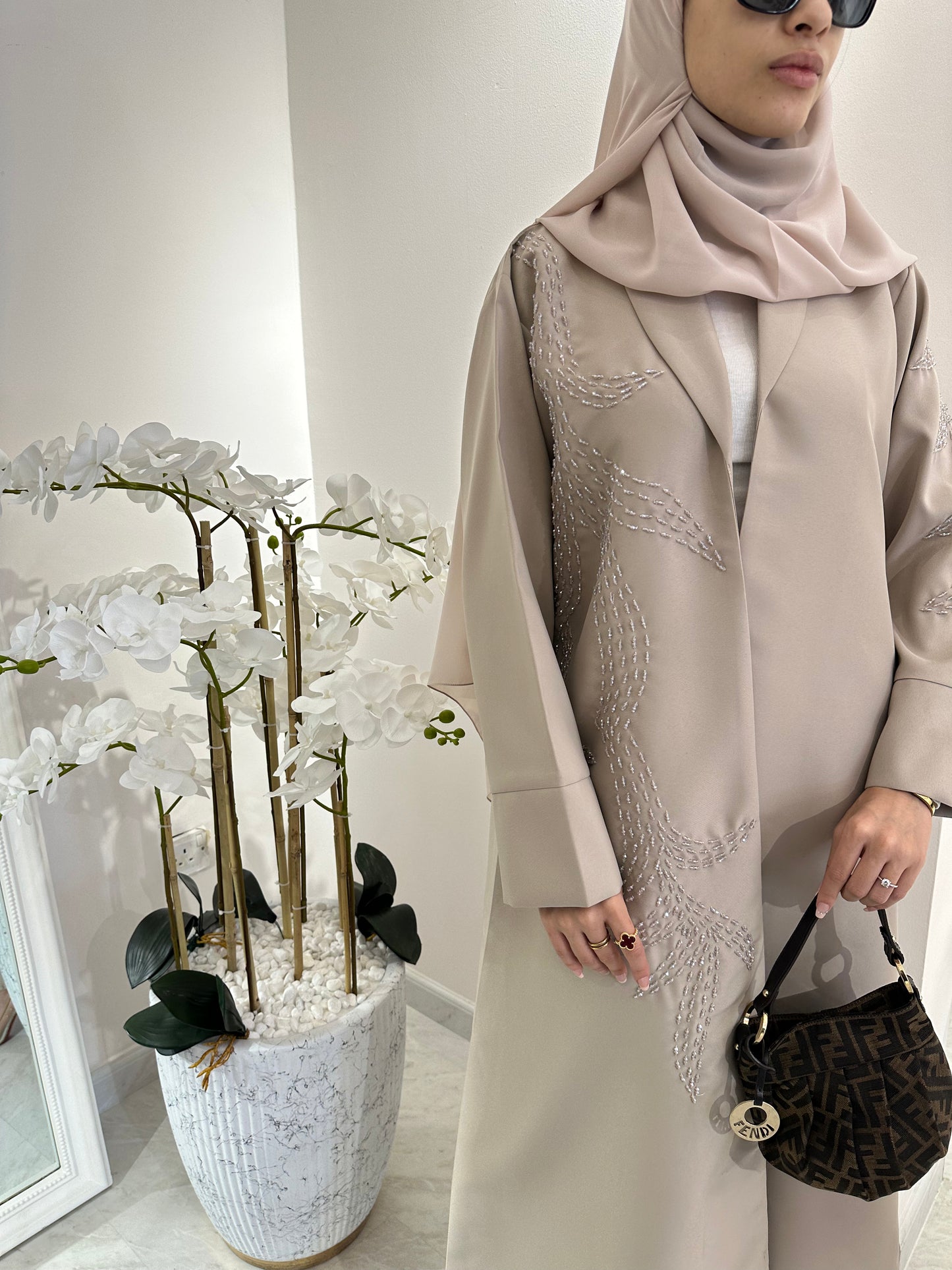 C Summer Satin Beadwork Beige Abaya