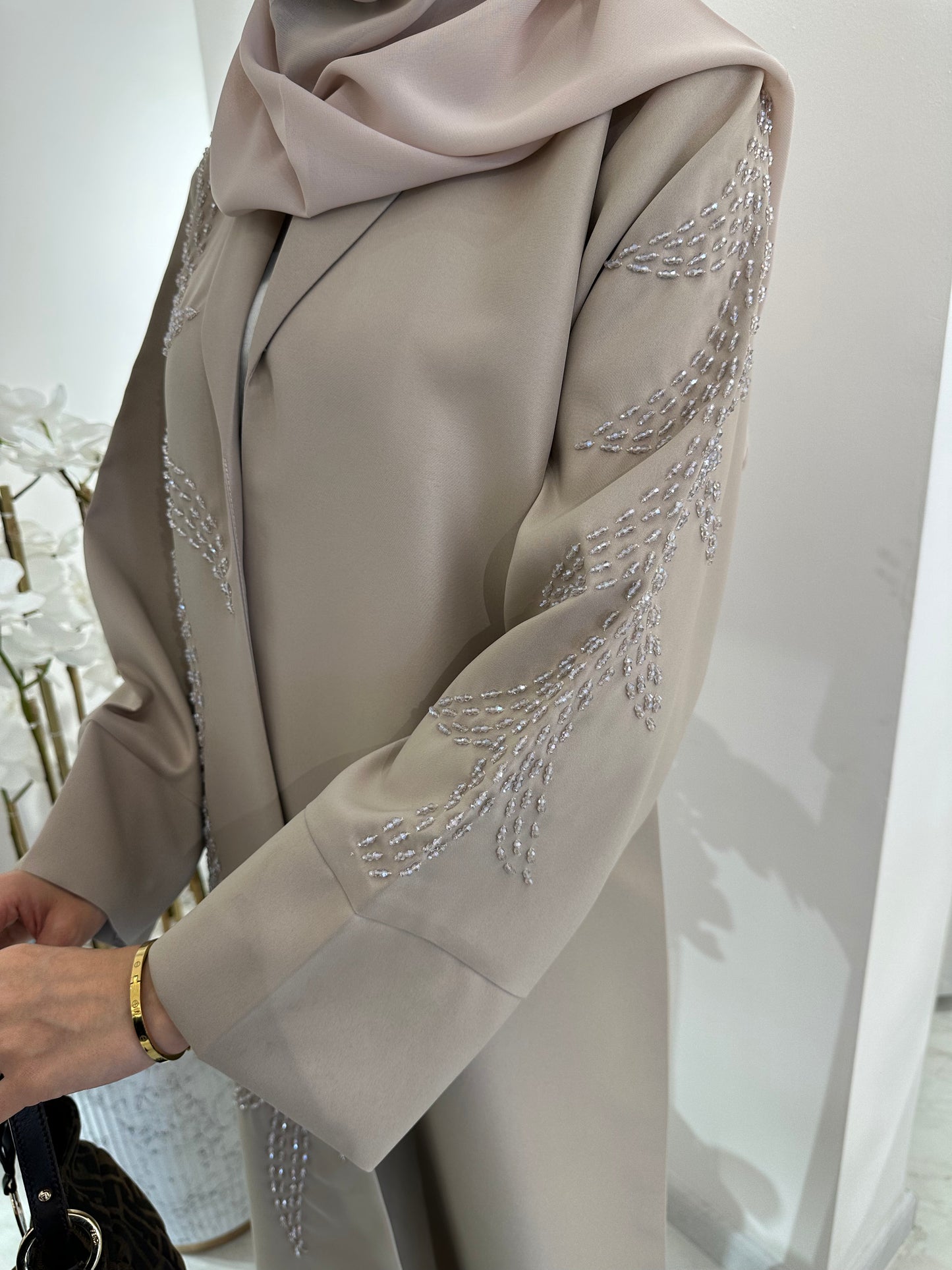 C Summer Satin Beadwork Beige Abaya