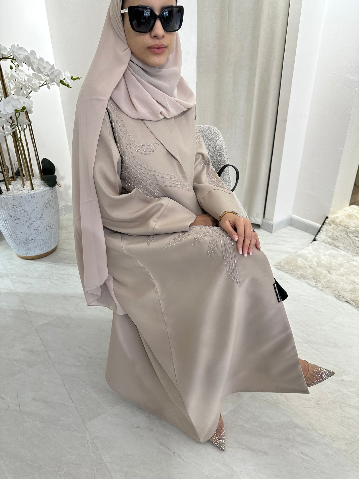 C Summer Satin Beadwork Beige Abaya