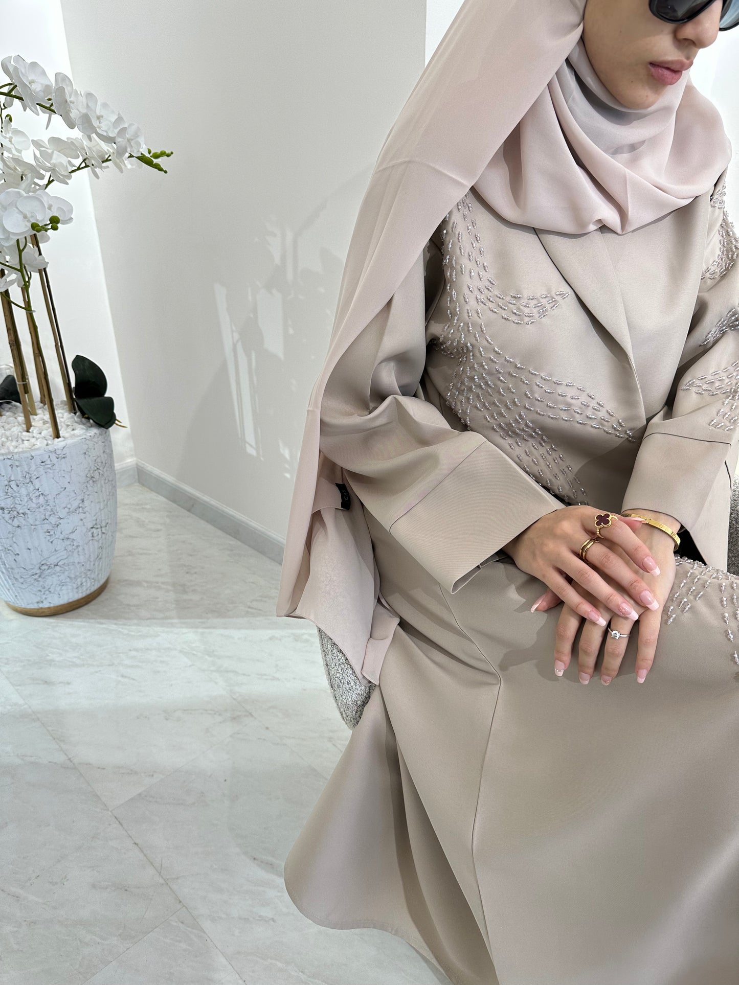 C Summer Satin Beadwork Beige Abaya