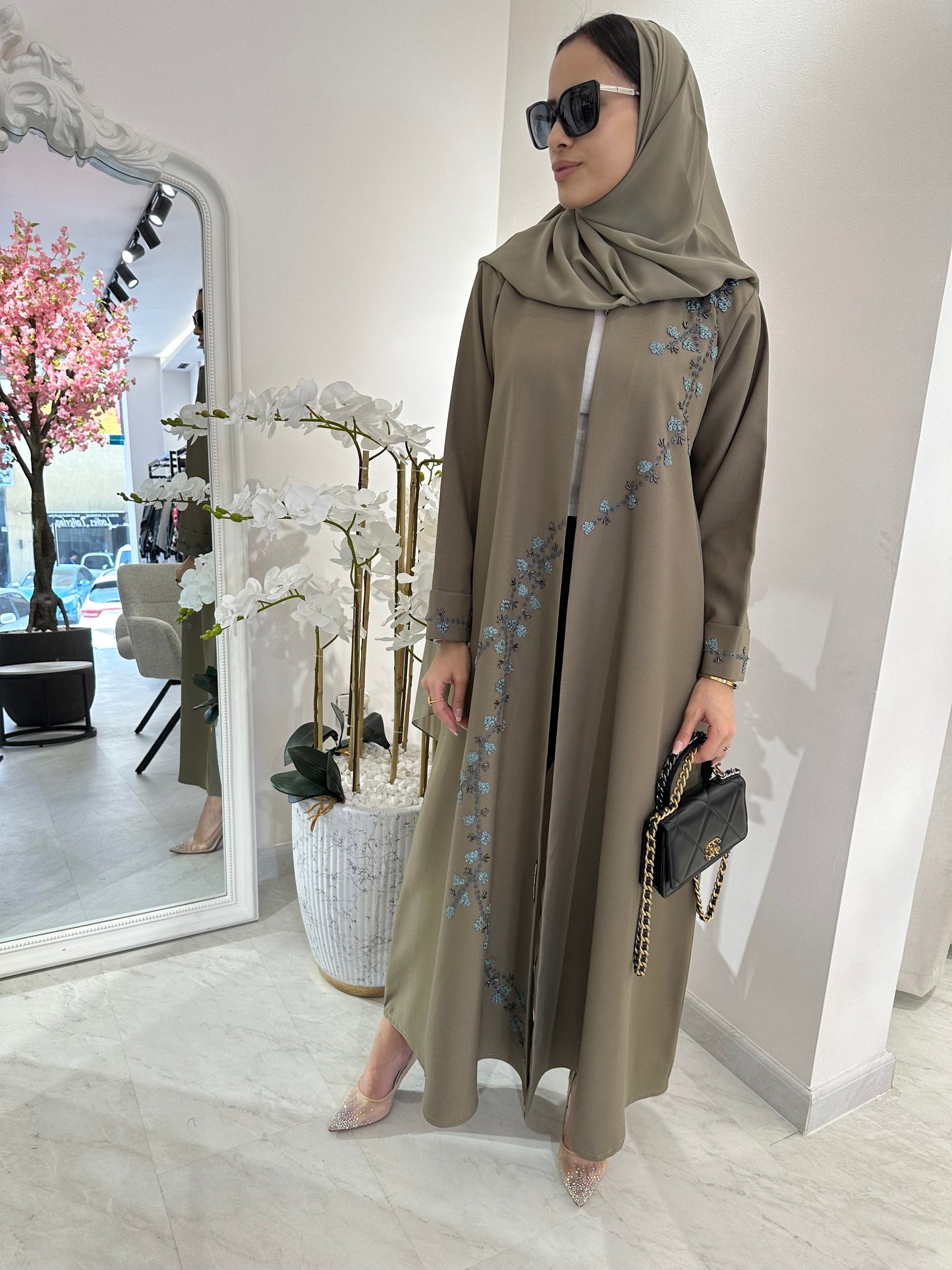 C Summer Beige Blue Floral Abaya