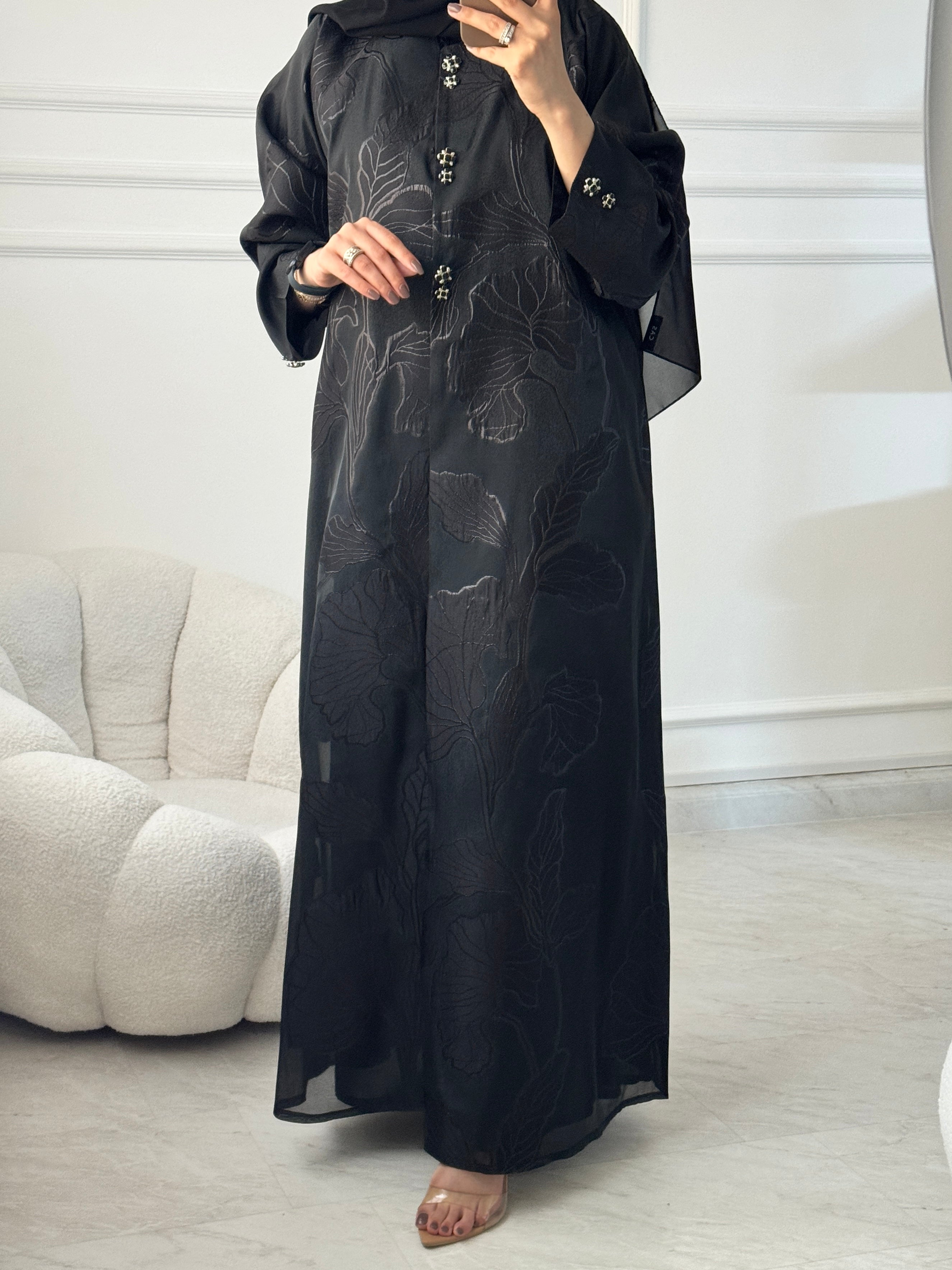 C 1452 Black Floral Printed Abaya