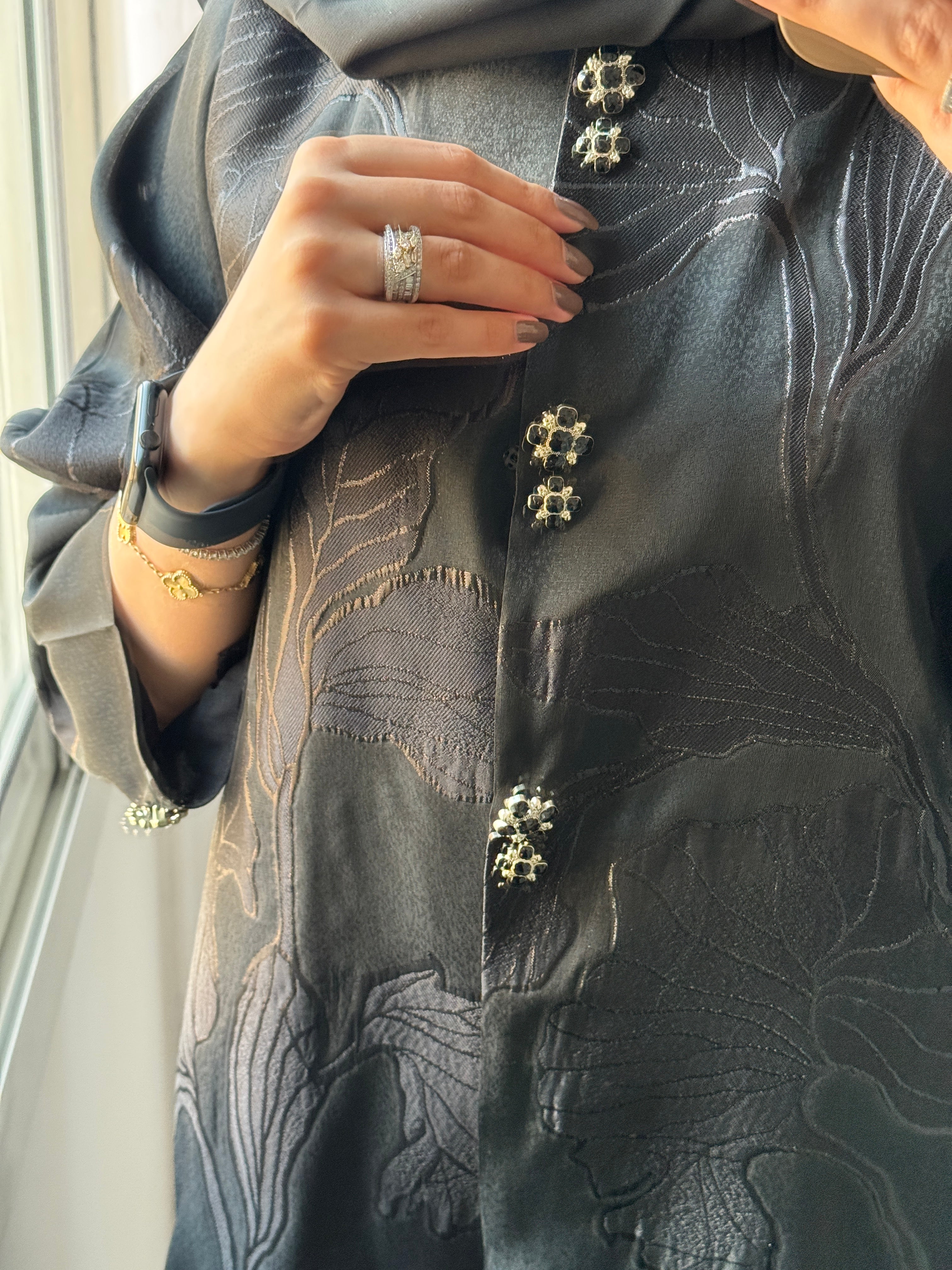 C 1452 Black Floral Printed Abaya