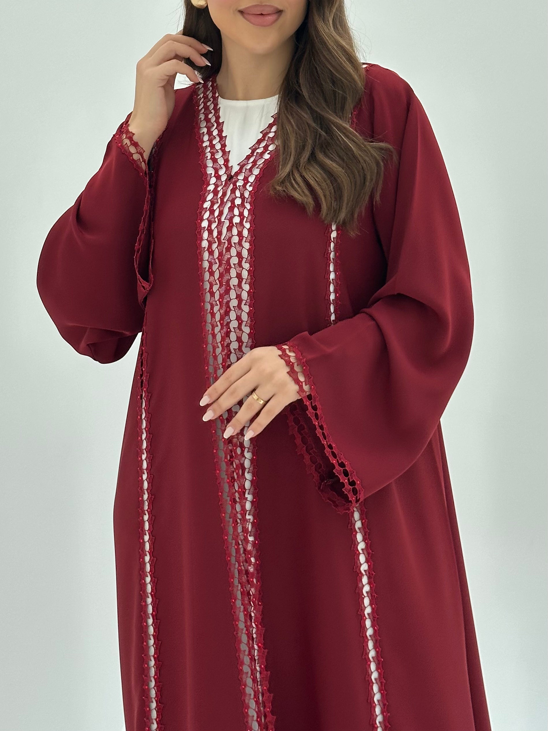 C 1815 Maroon Crystal Lace Abaya