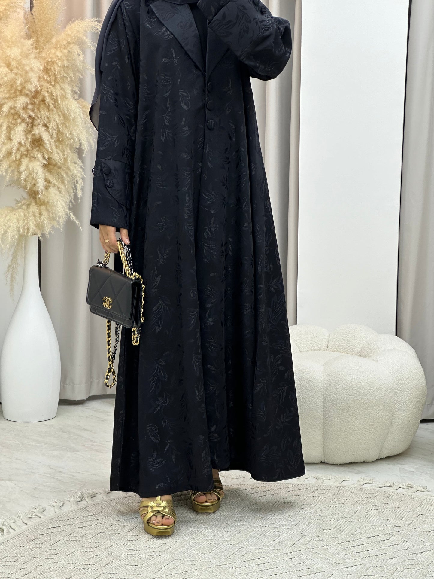 C 0160-03 Dark Grey Leaf Coat Abaya