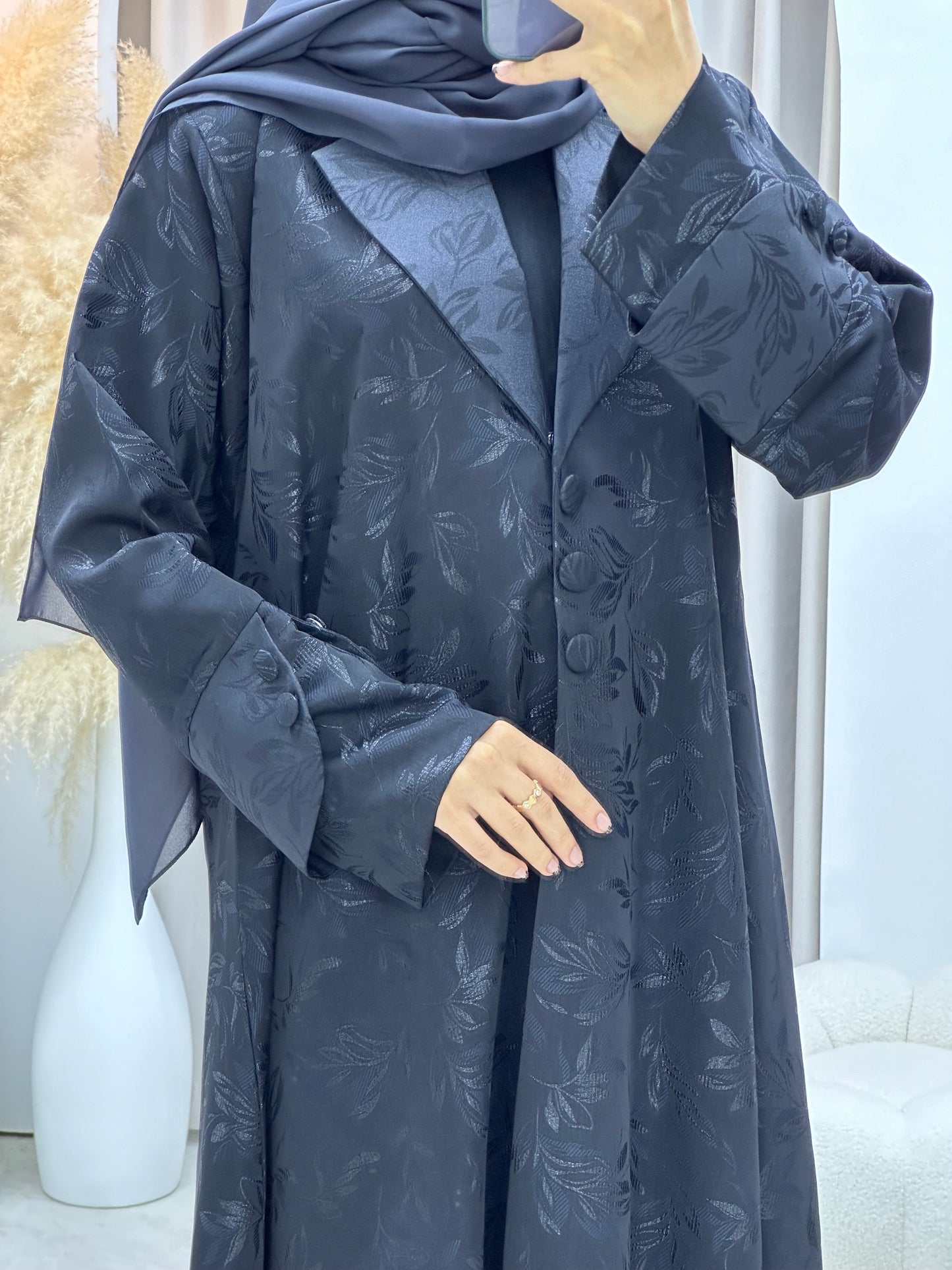 C 0160-03 Dark Grey Leaf Coat Abaya