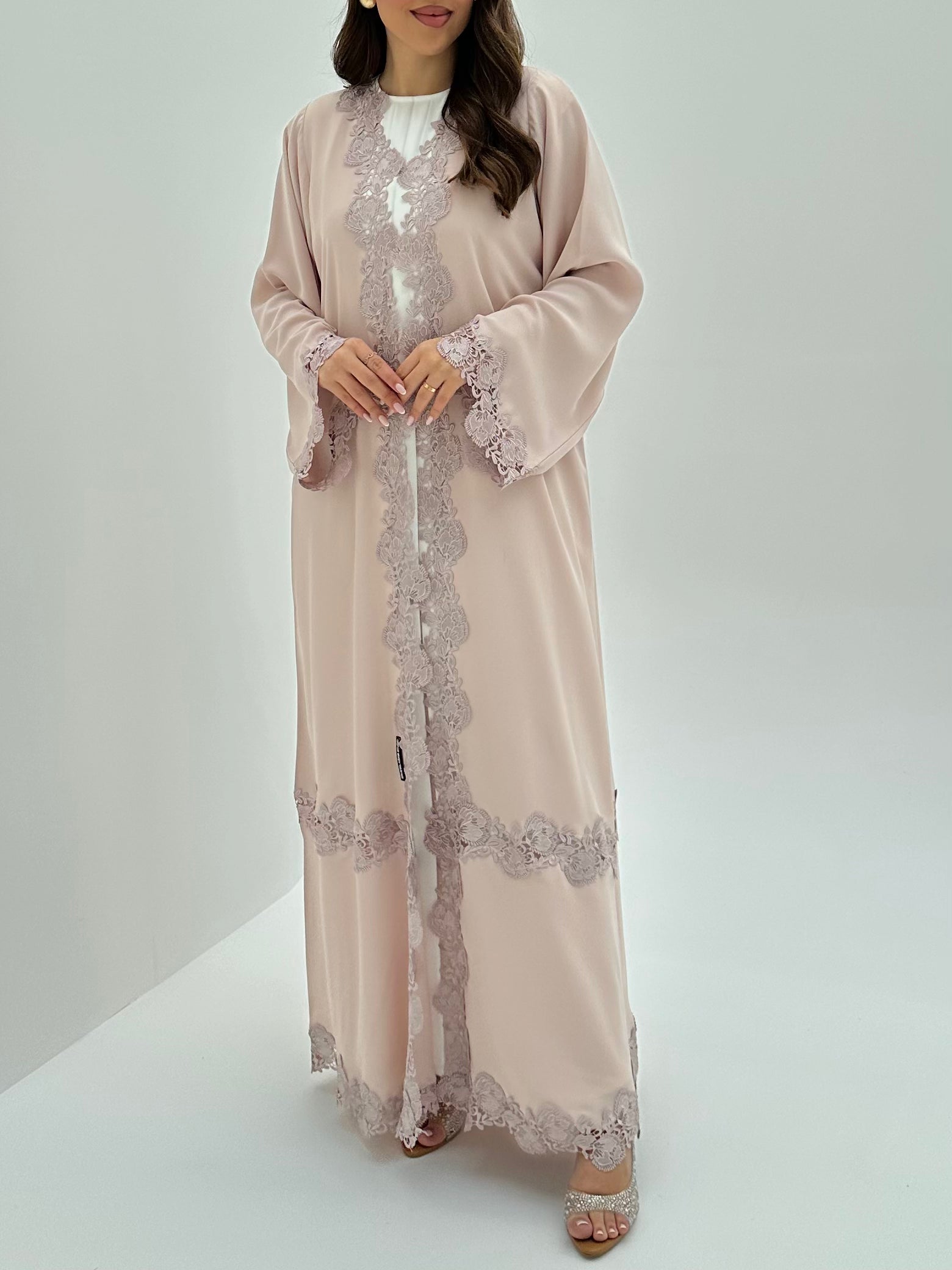 C 1814 Pastel Peach Lace Abaya