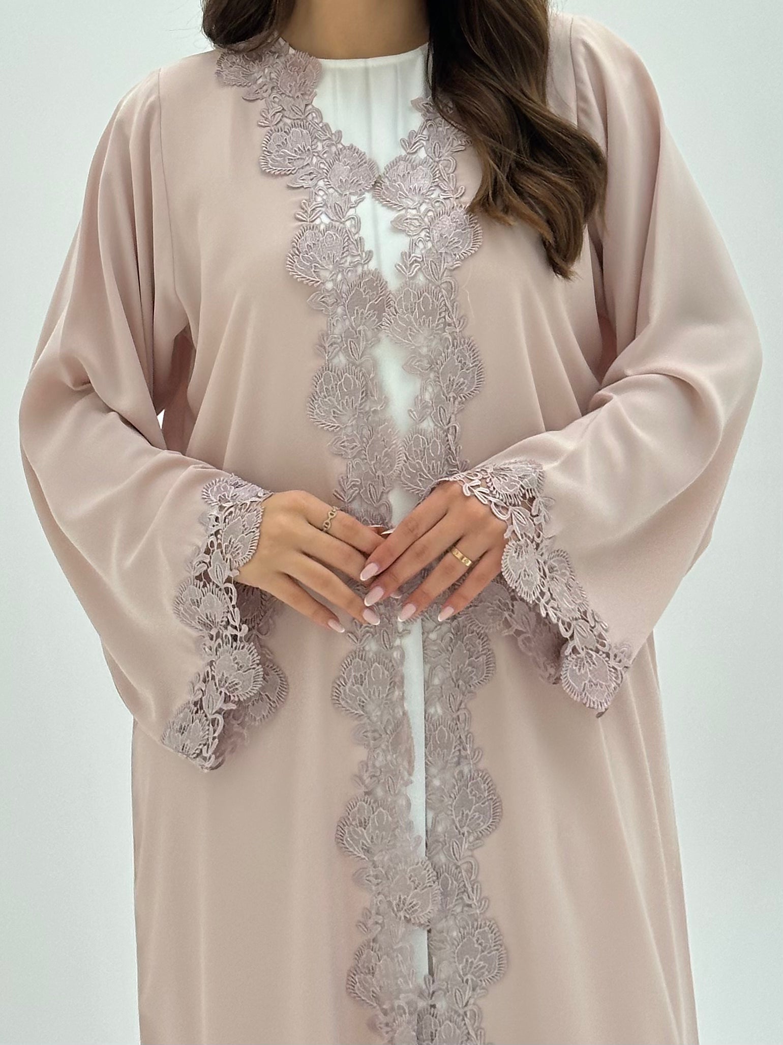 C 1814 Pastel Peach Lace Abaya