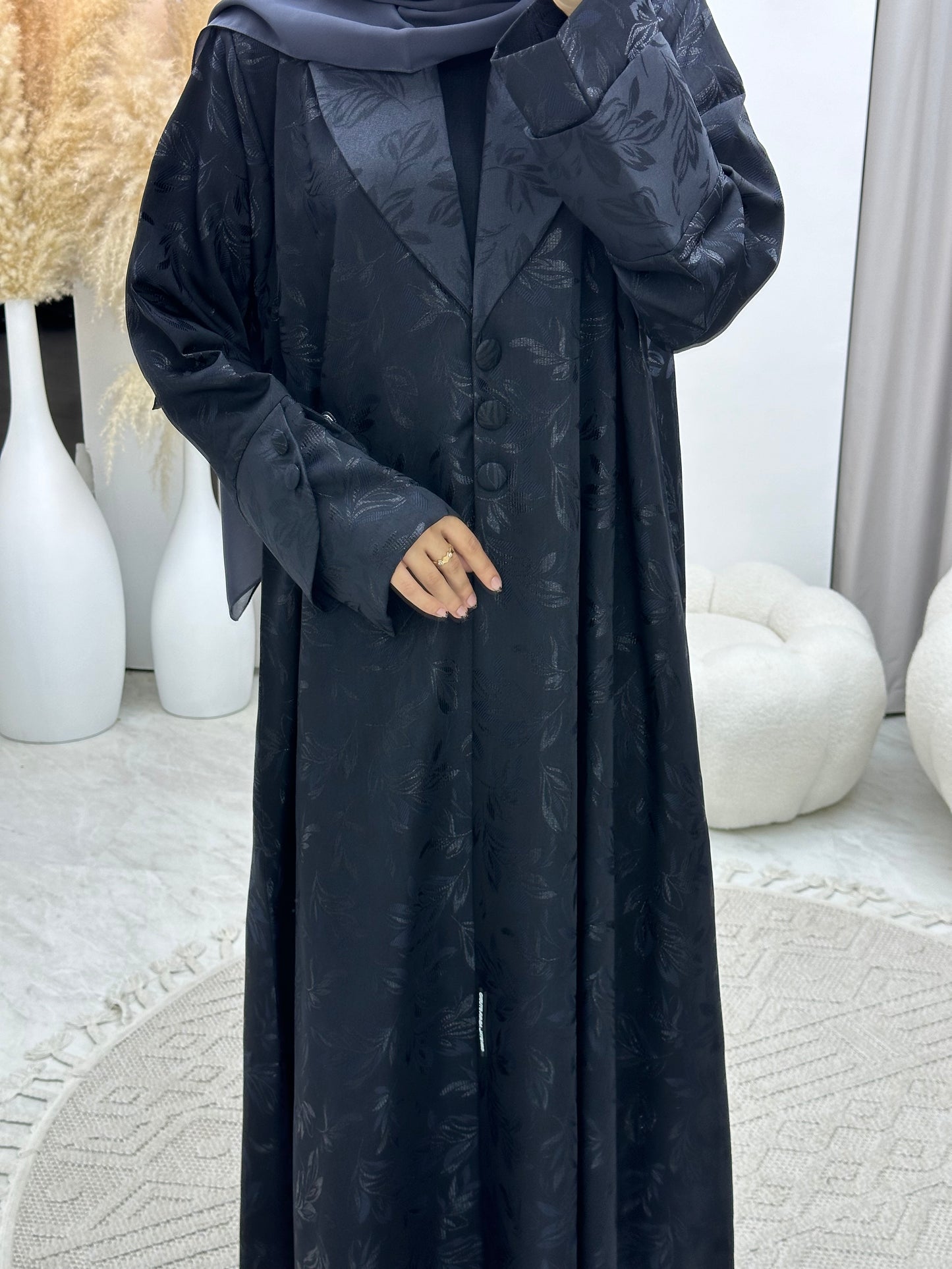 C 0160-03 Dark Grey Leaf Coat Abaya