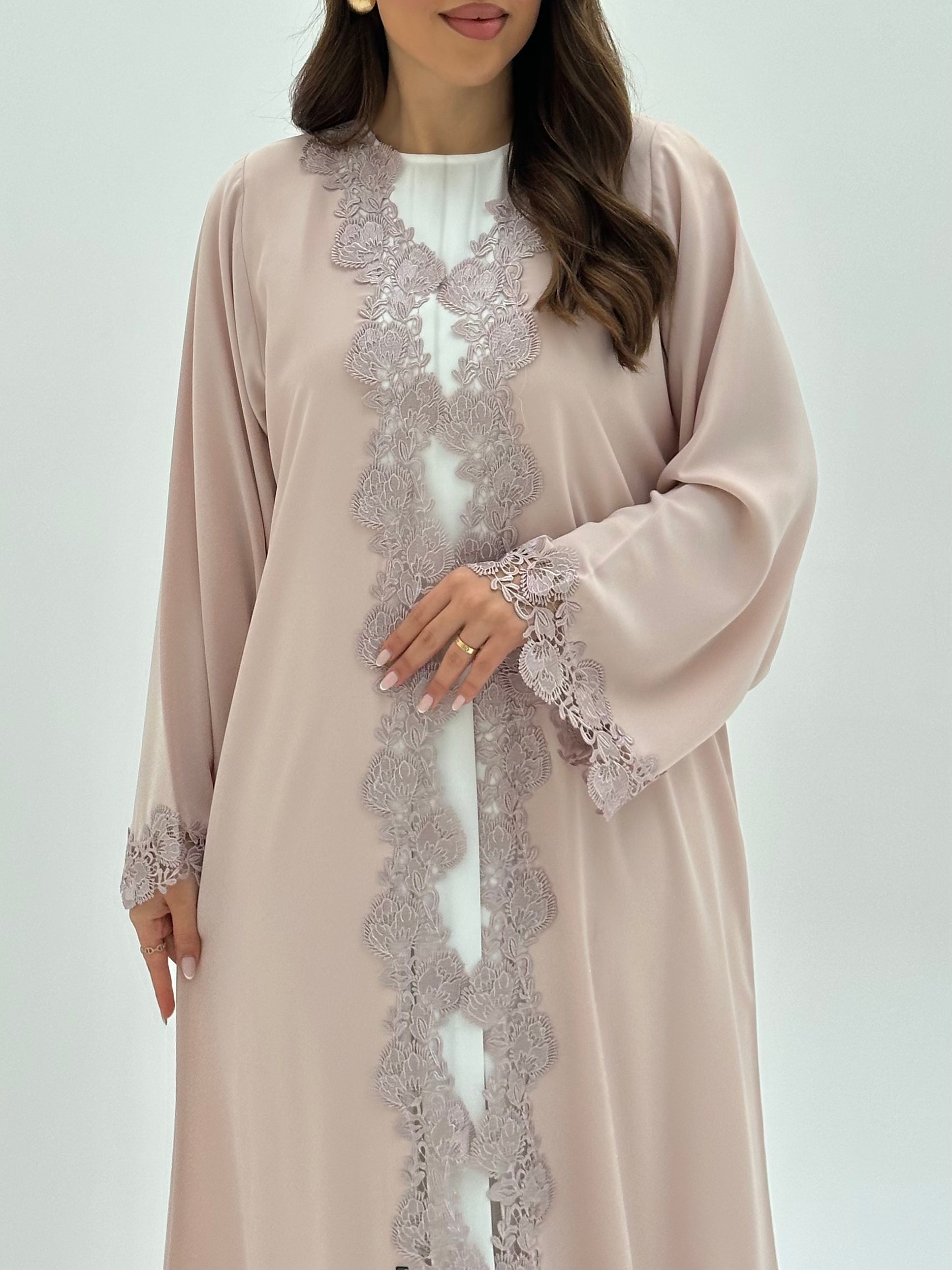 C 1814 Pastel Peach Lace Abaya