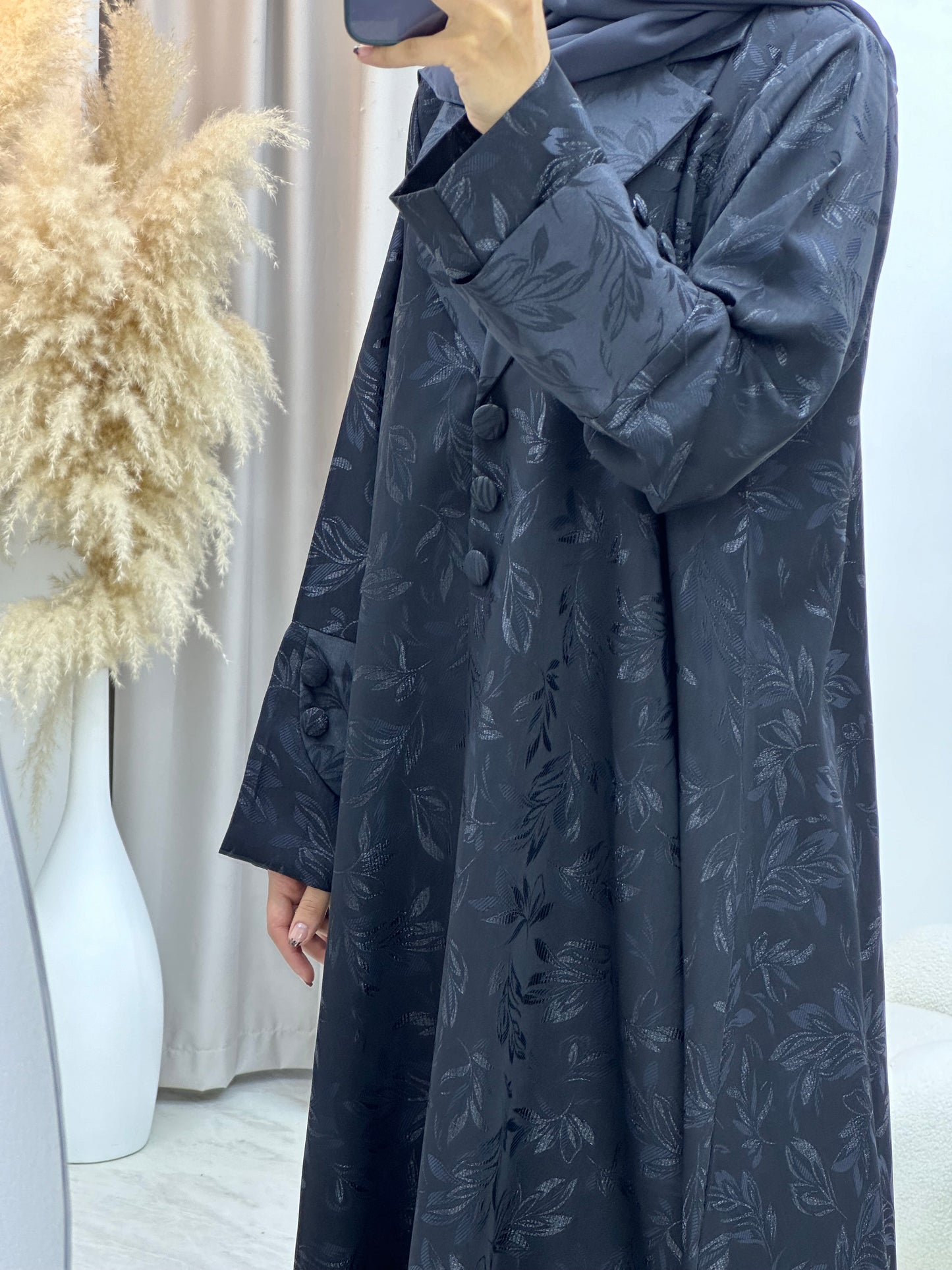 C 0160-03 Dark Grey Leaf Coat Abaya