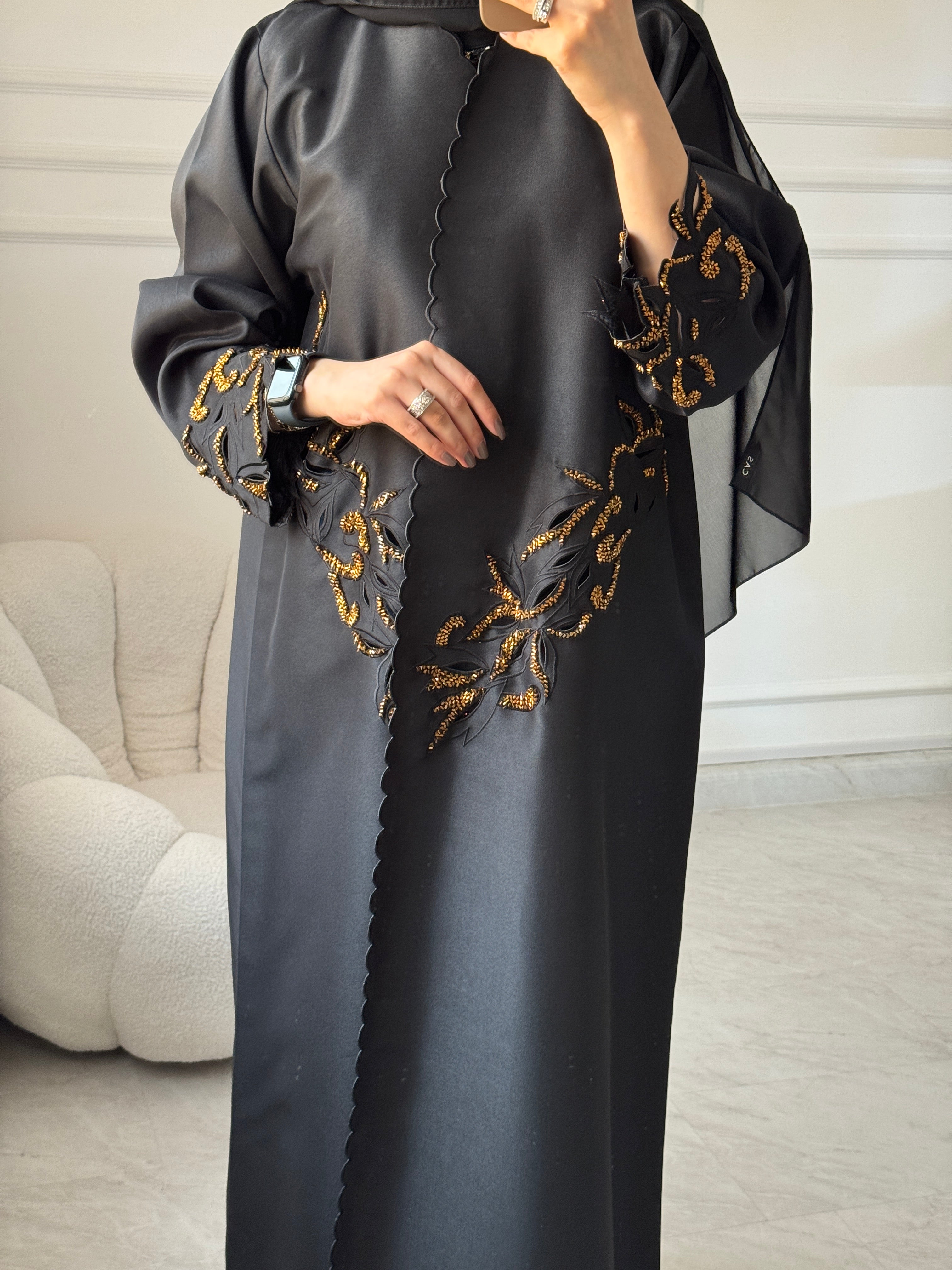 C 1458 Gold Beaded Black Abaya