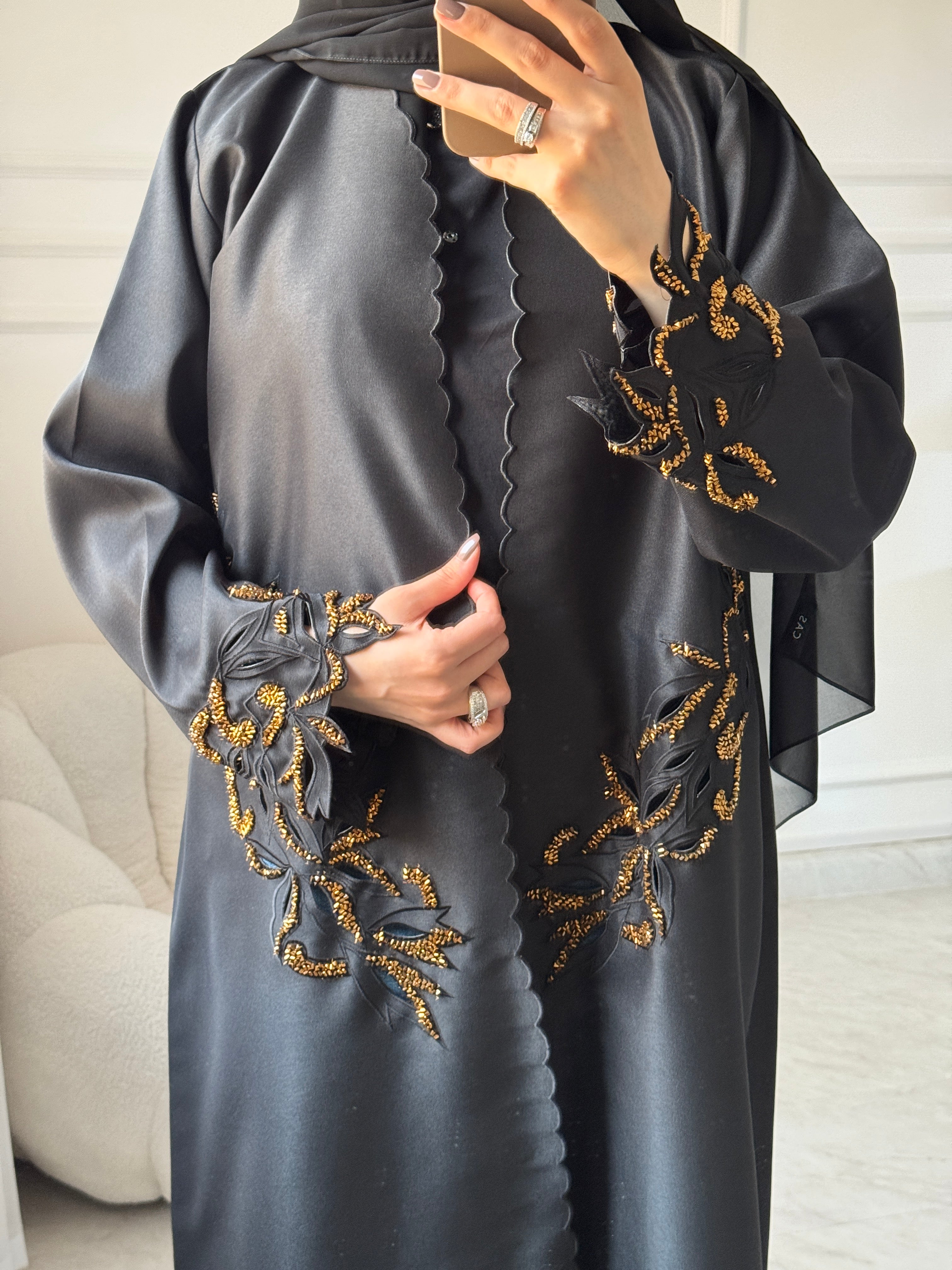 C 1458 Gold Beaded Black Abaya