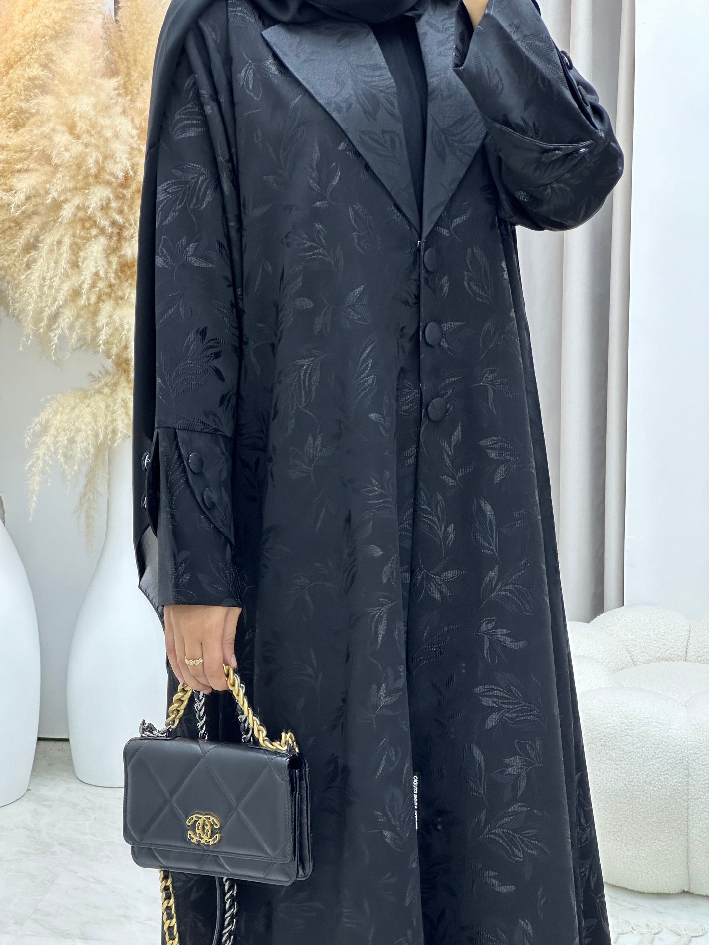 C 0160-01 Black Leaf Coat Abaya