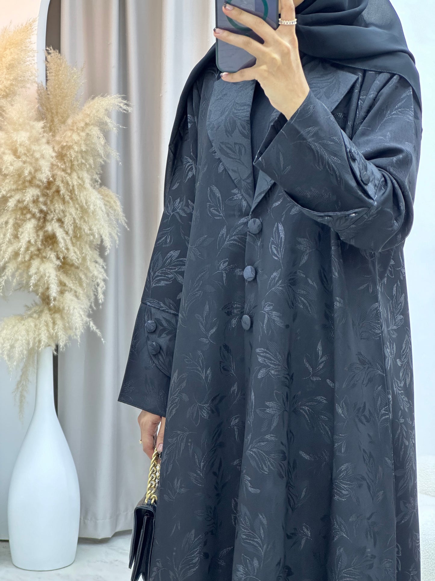 C 0160-01 Black Leaf Coat Abaya