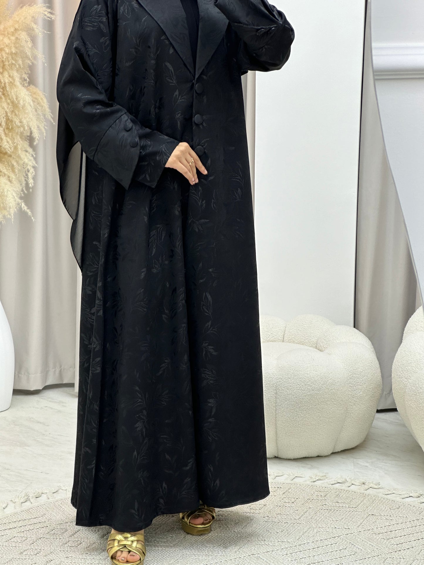 C 0160-01 Black Leaf Coat Abaya