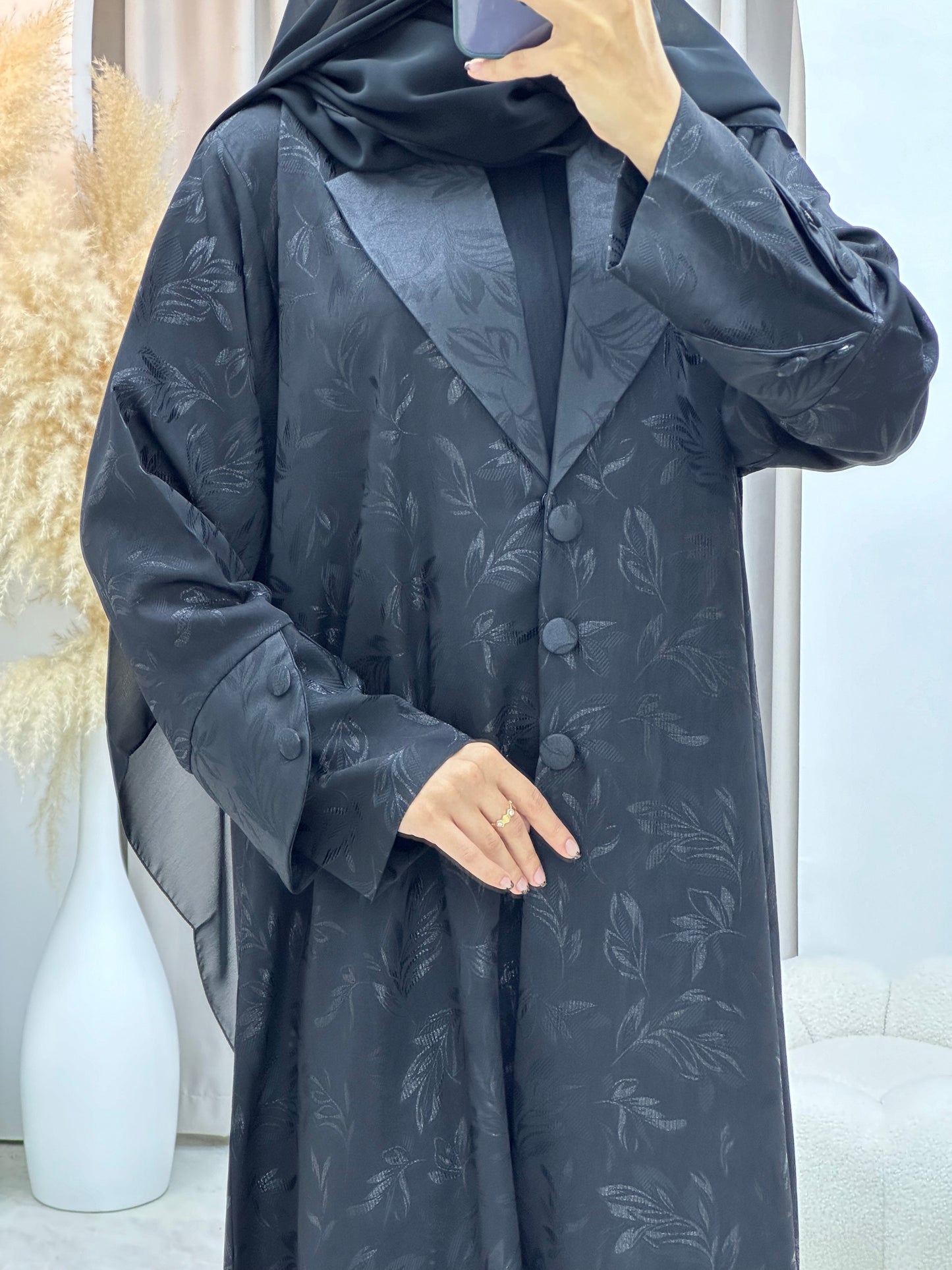 C 0160-01 Black Leaf Coat Abaya