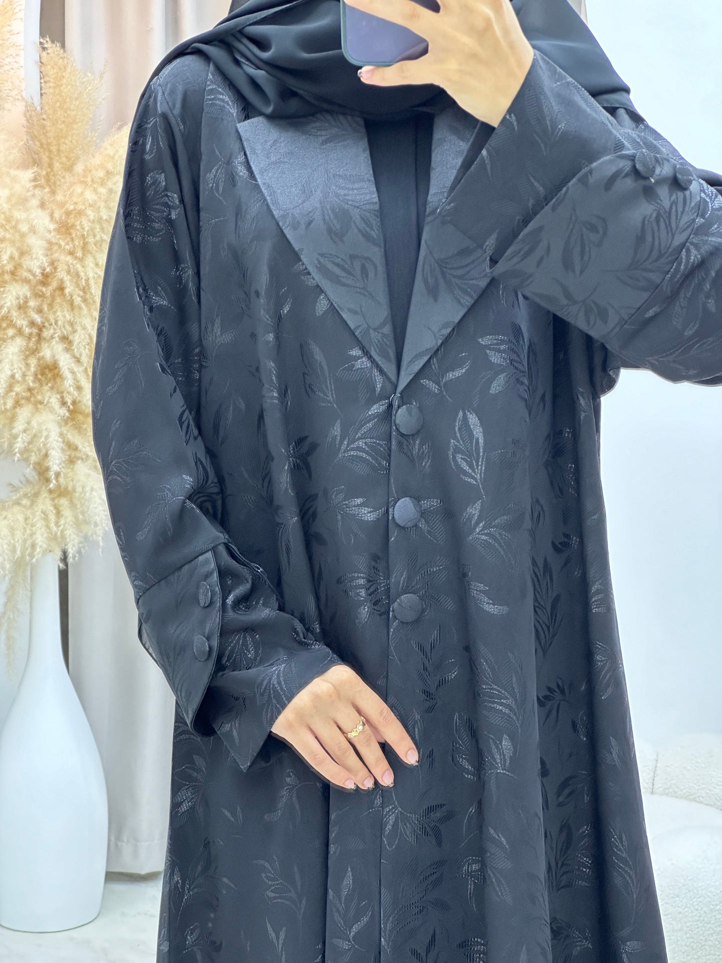 C 0160-01 Black Leaf Coat Abaya