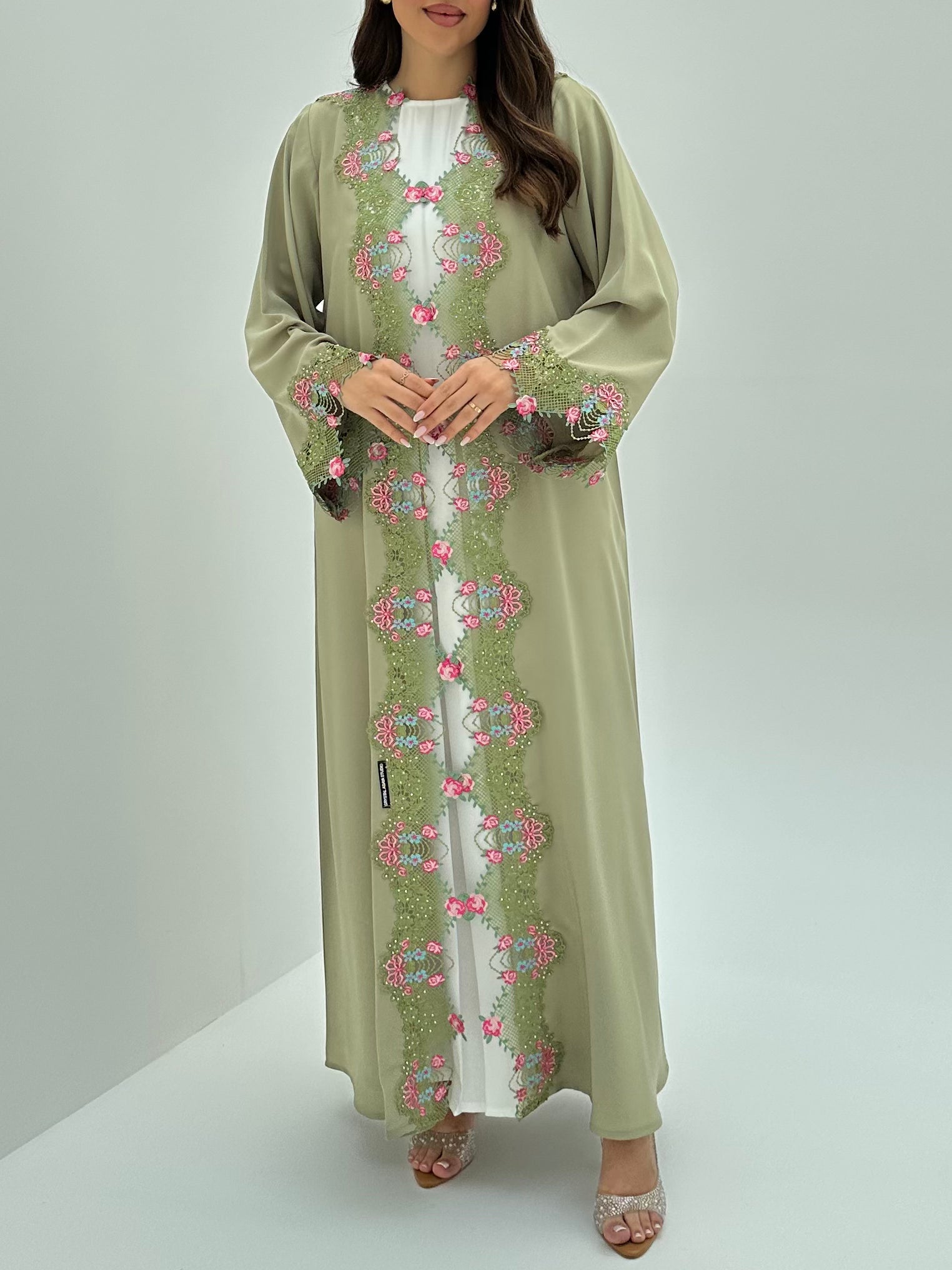 C 1817 Light Green Crystal Lace Abaya