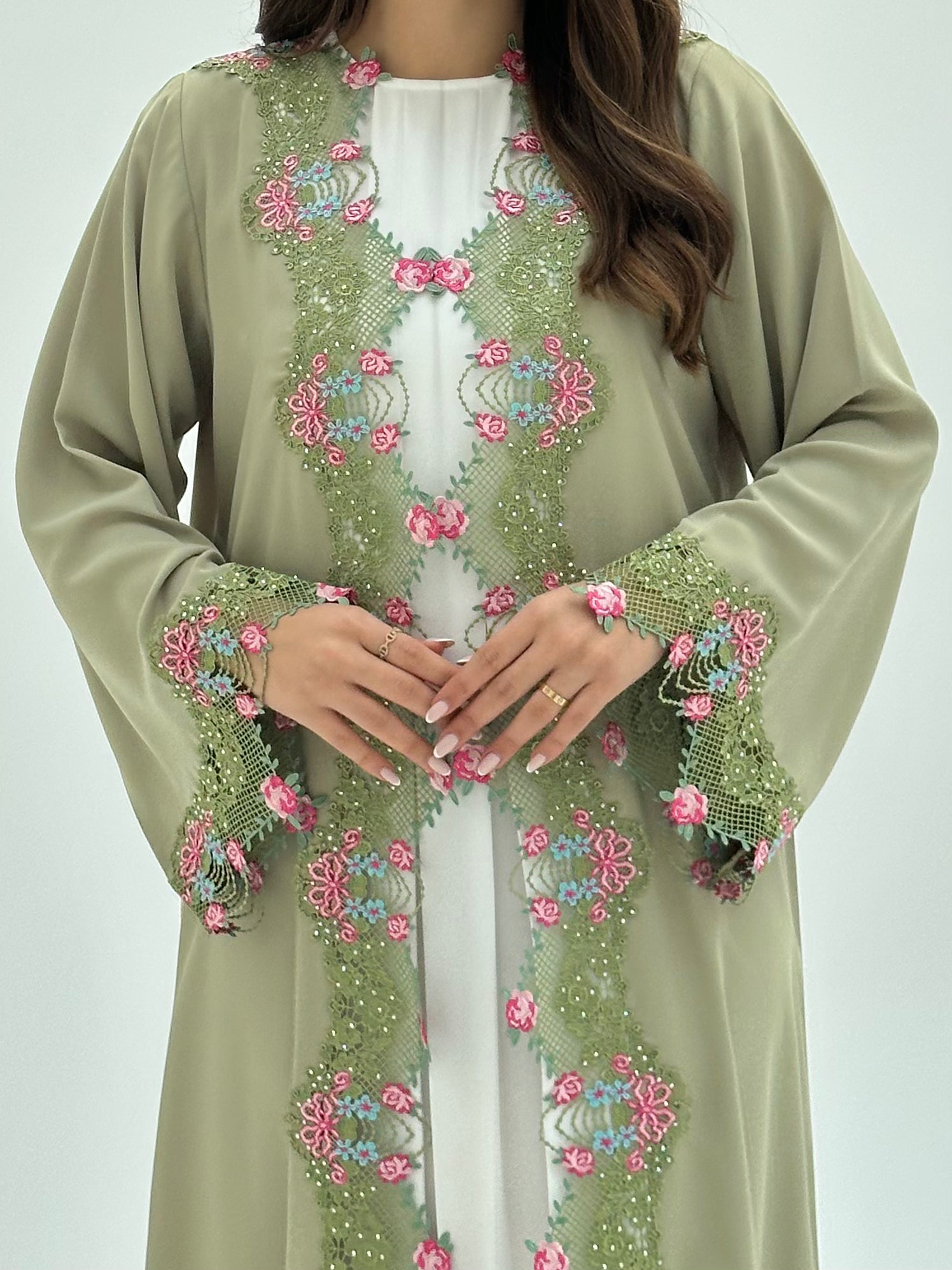 C 1817 Light Green Crystal Lace Abaya