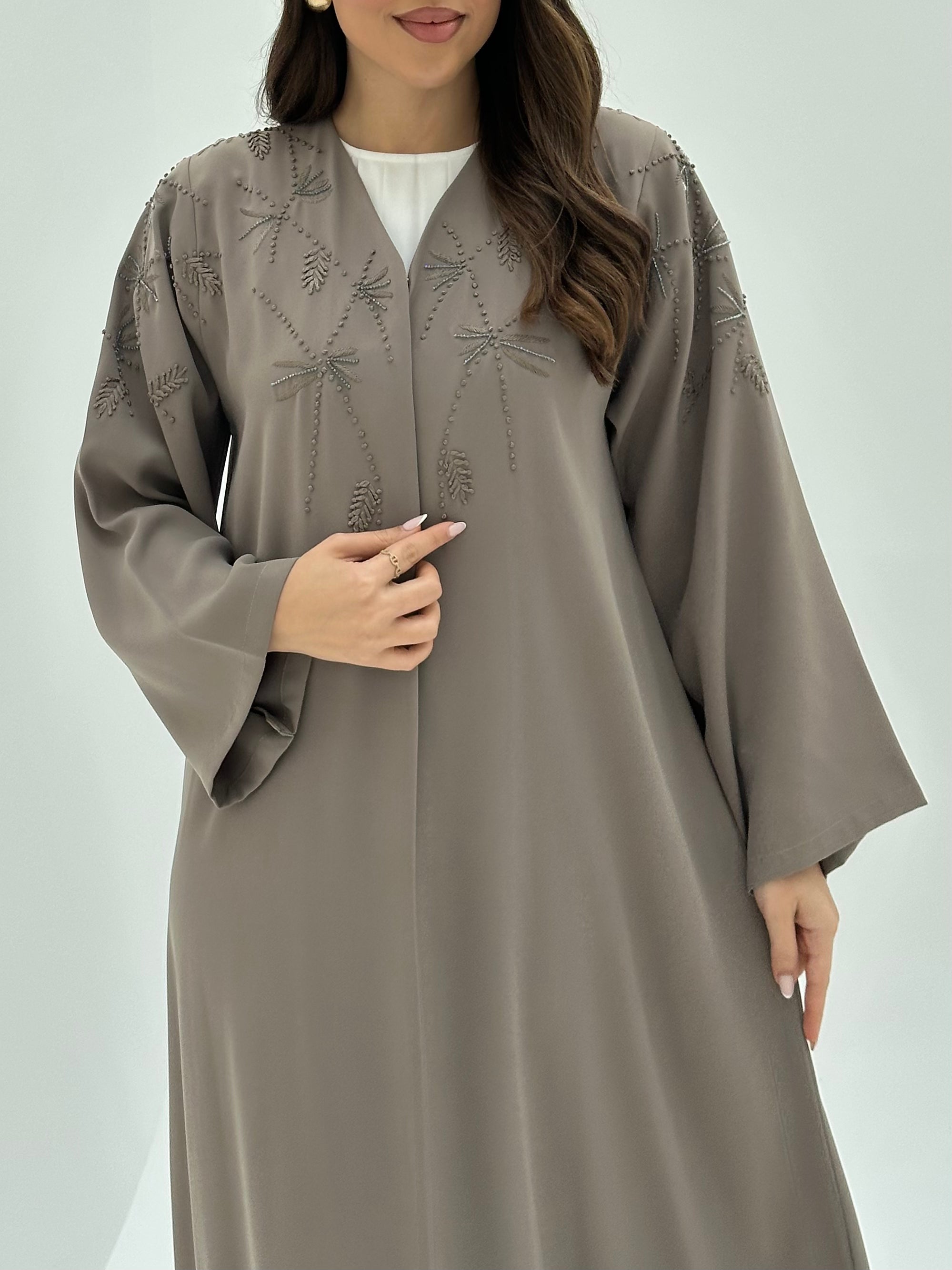 C 1823 Light Taupe Embroidered Abaya