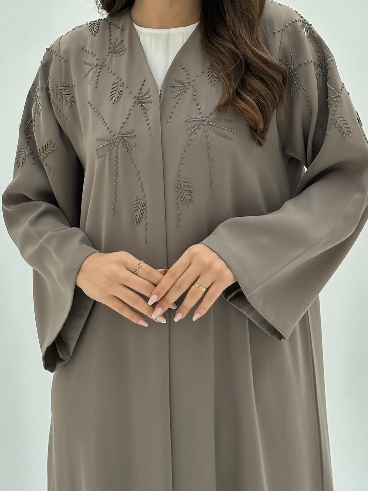 C 1823 Light Taupe Embroidered Abaya