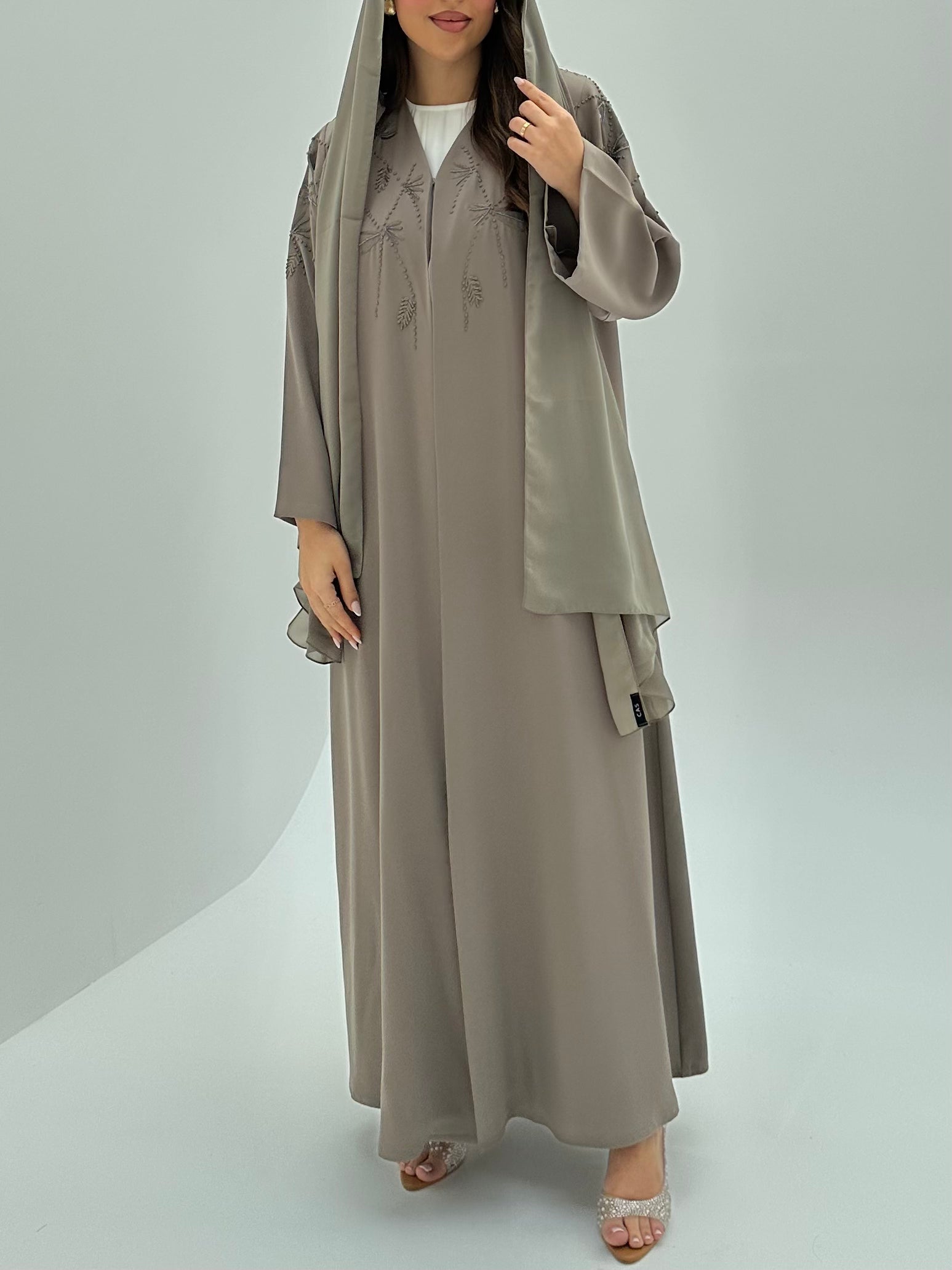 C 1823 Light Taupe Embroidered Abaya