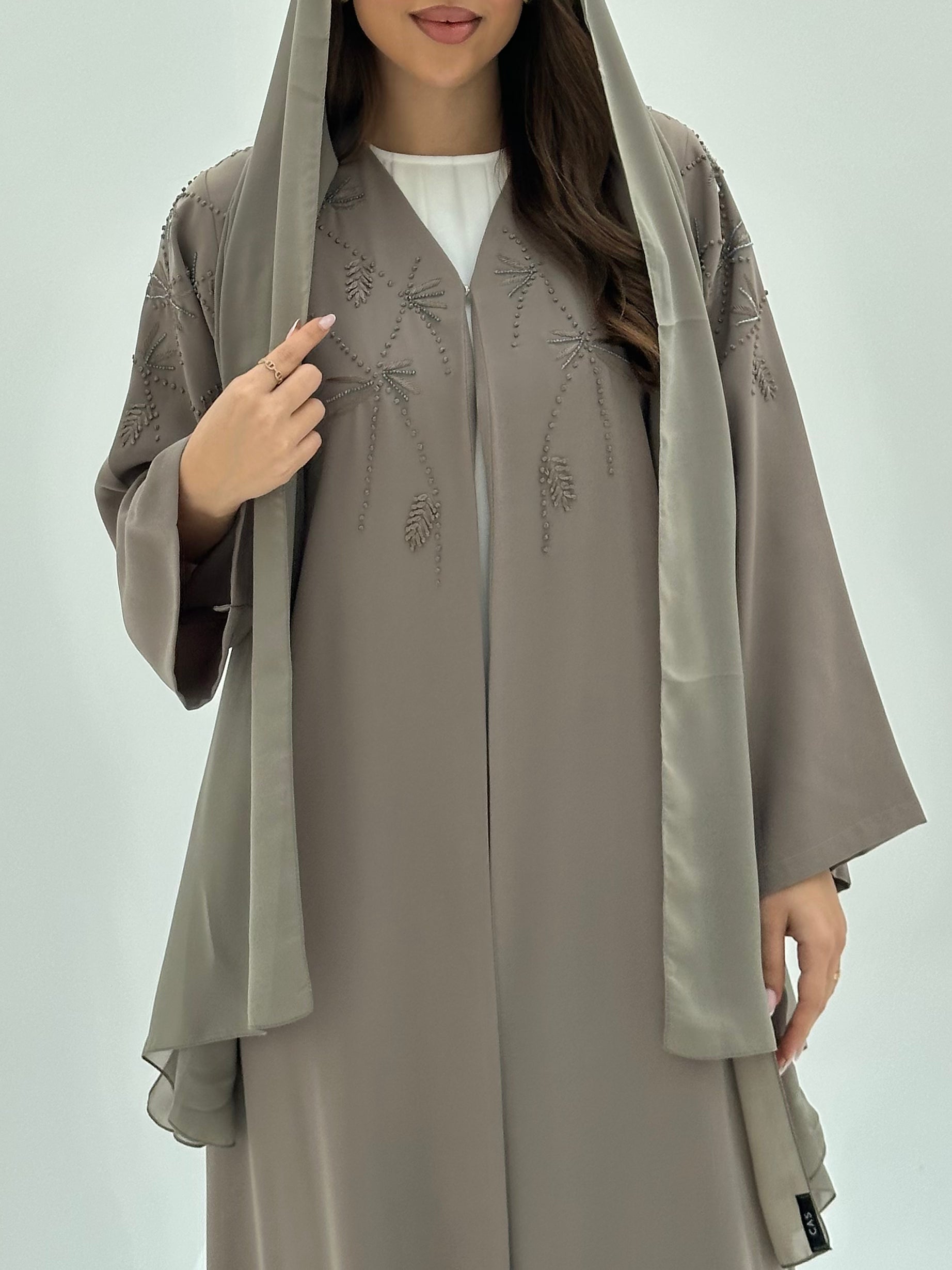 C 1823 Light Taupe Embroidered Abaya