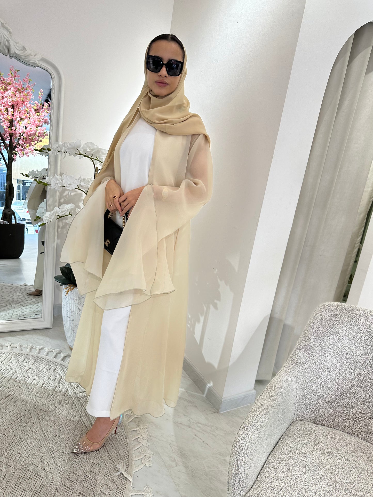 C RTW Beige Summer Organza Eid Abaya