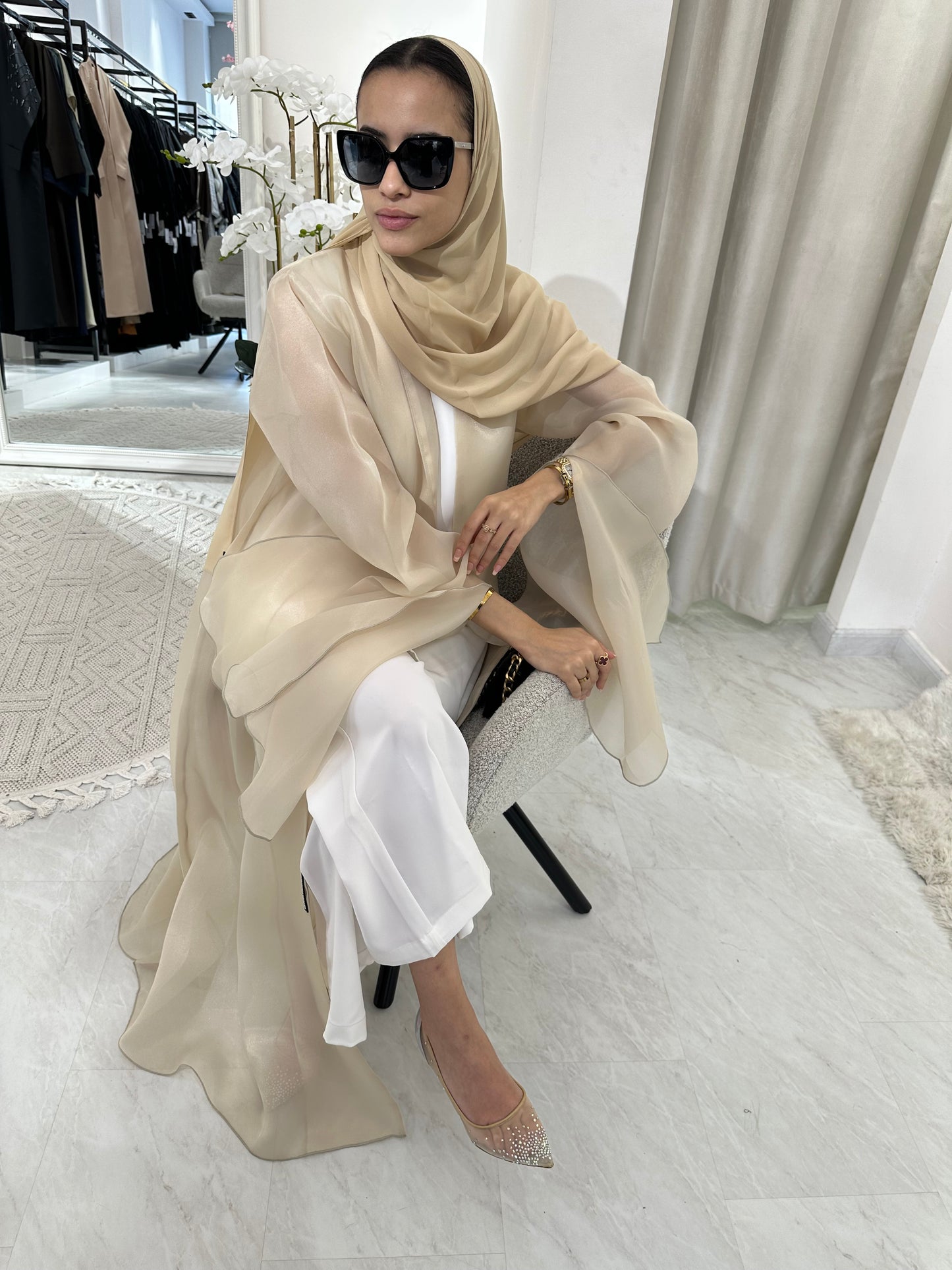 C RTW Beige Summer Organza Eid Abaya