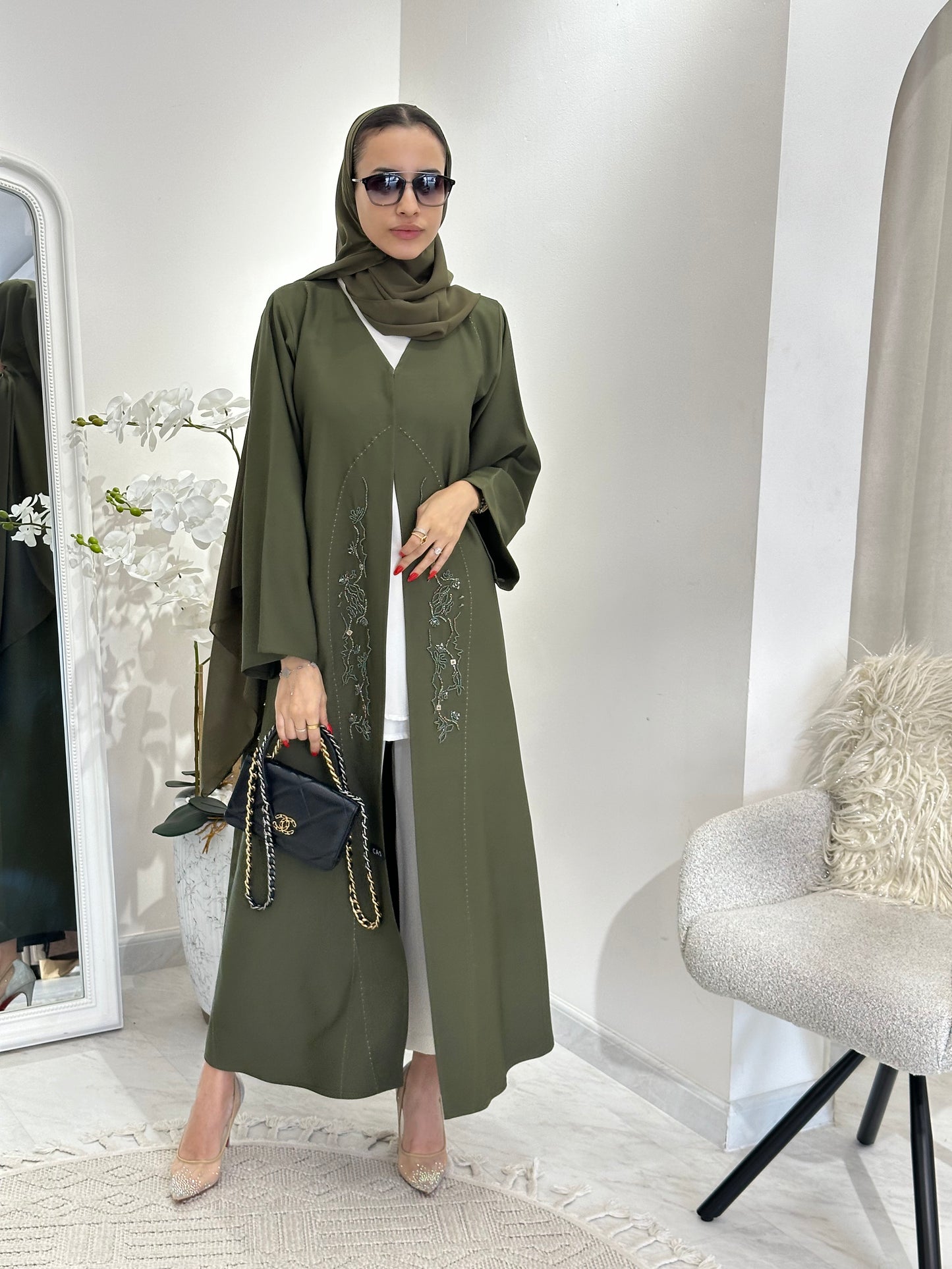 C 0353 Olive Beaded Abaya